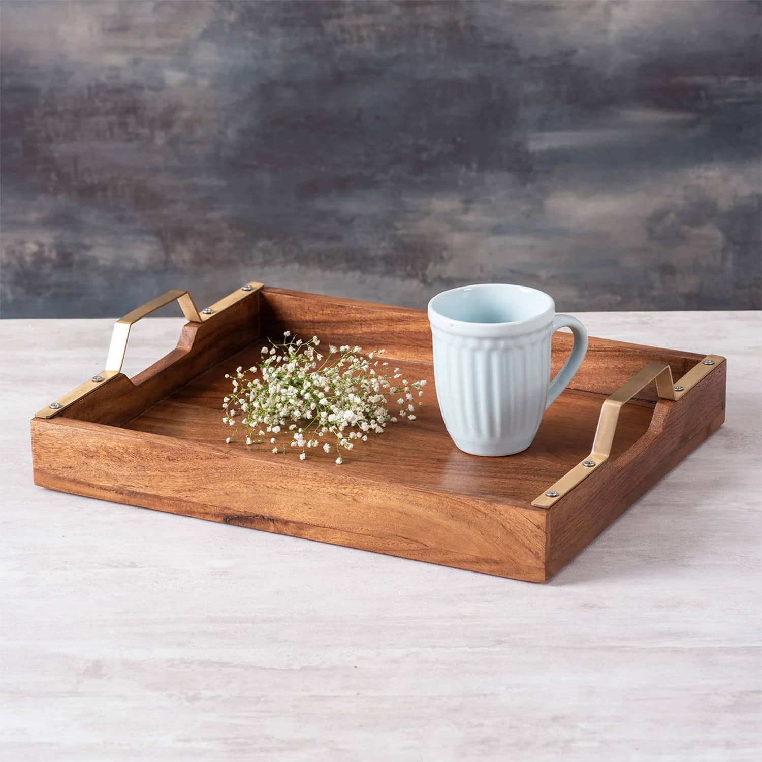 Inseparables Teak Wood Serving Tray Gold