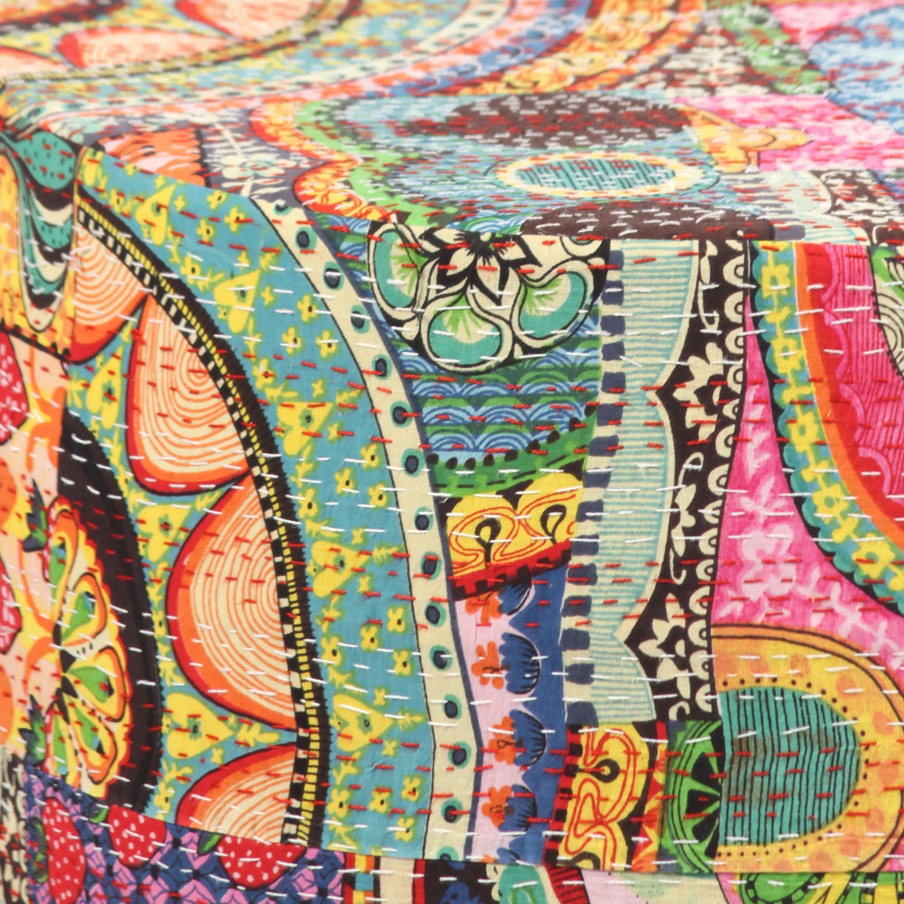Rosslyn Solid Wood Ottoman Pouffee in Multi Colour Israel Print Kantha fabric