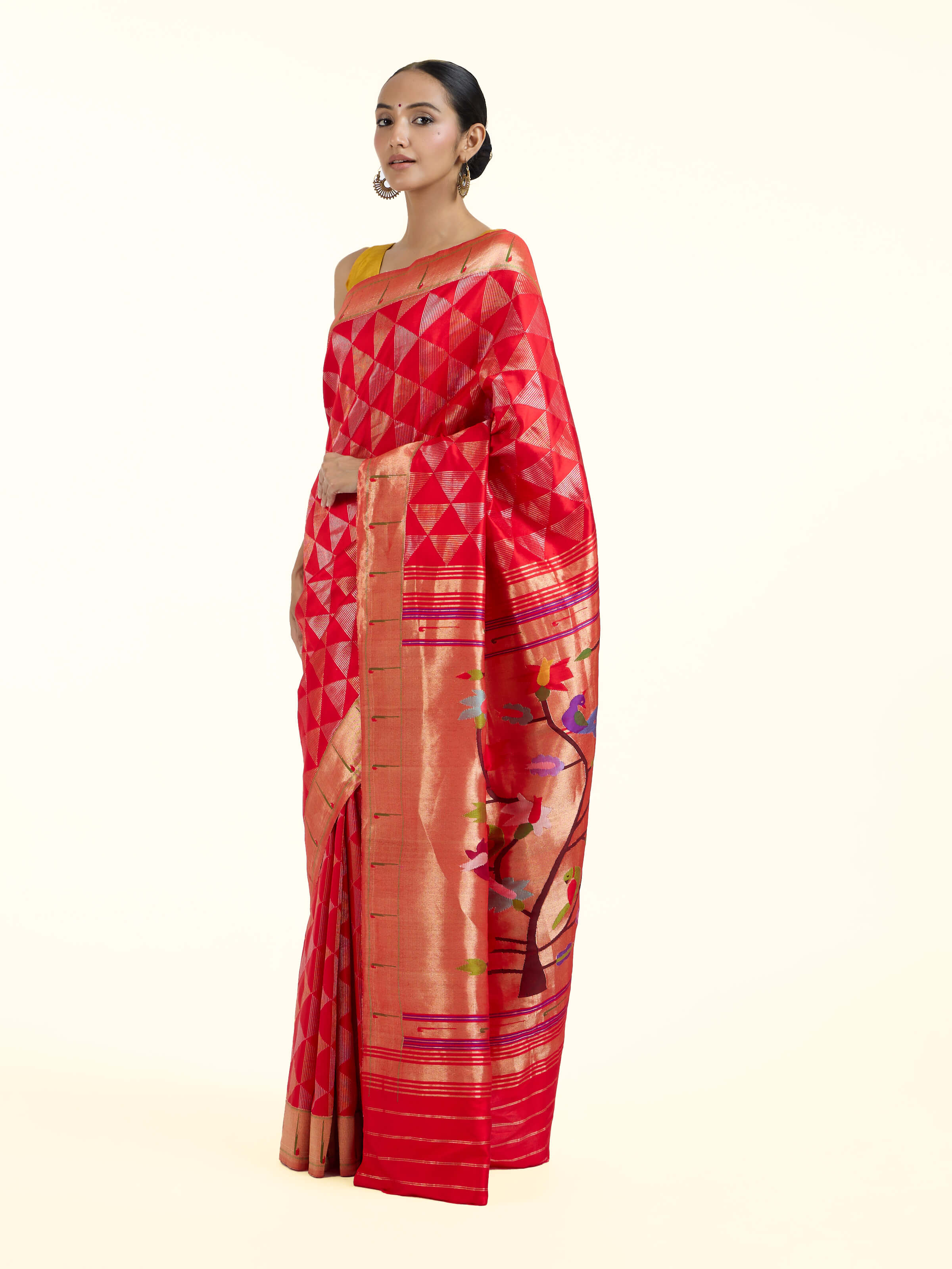 Angled view of the Red Silk Paithani Saree