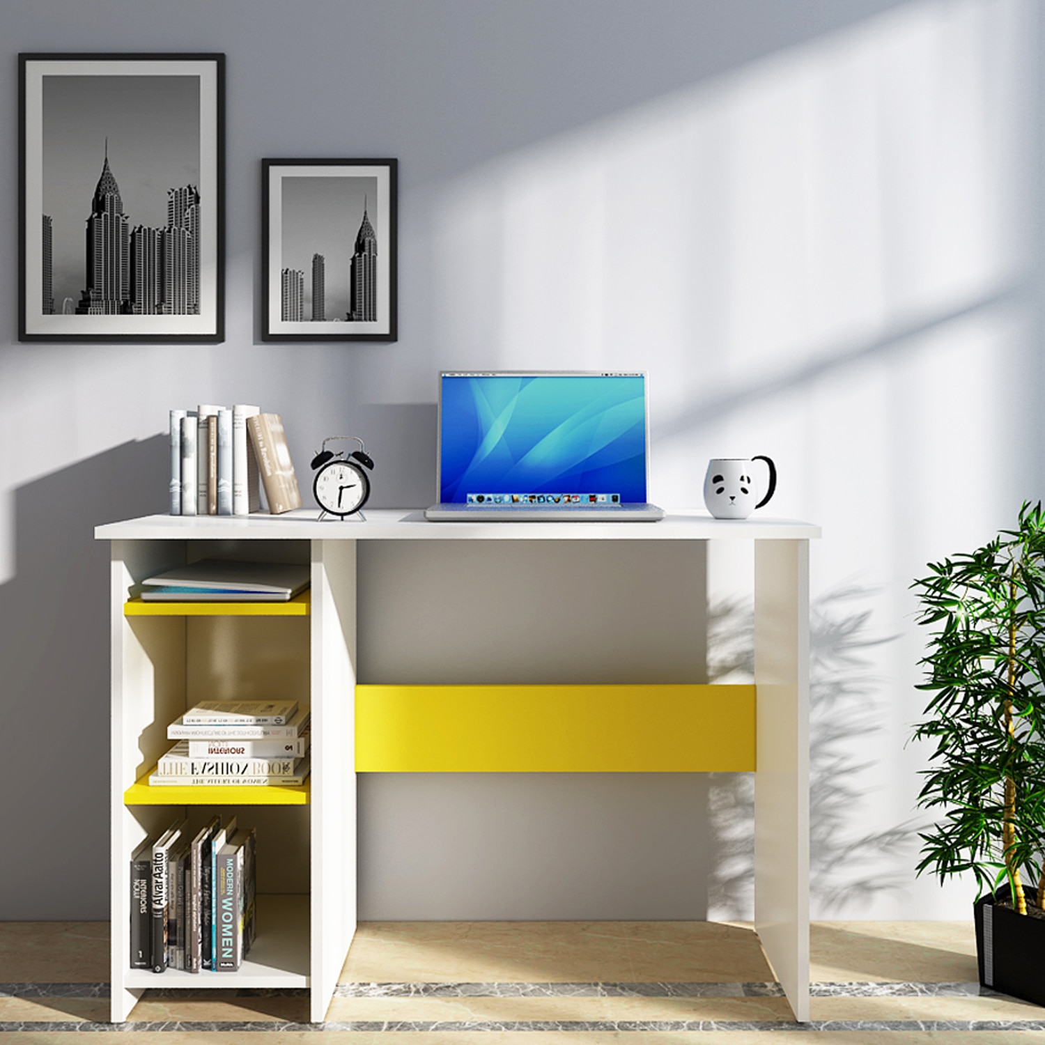 Woodbuzz Duke Engineered Wood Finish Study Table In Frosty White And Yellow - Woodbuzz