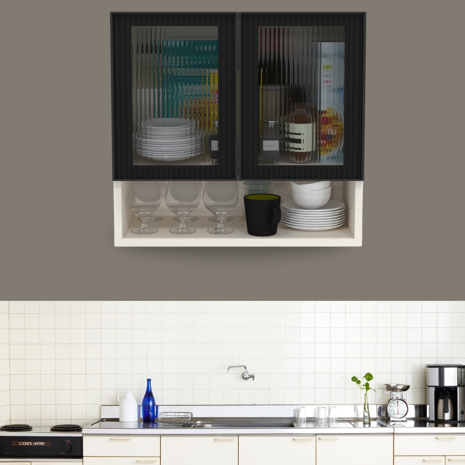 speciality panels Aluminium Black Profile 2 Fluted Glass Handless Shutter With Space Organizer In Highland Pine Finish-picture-41