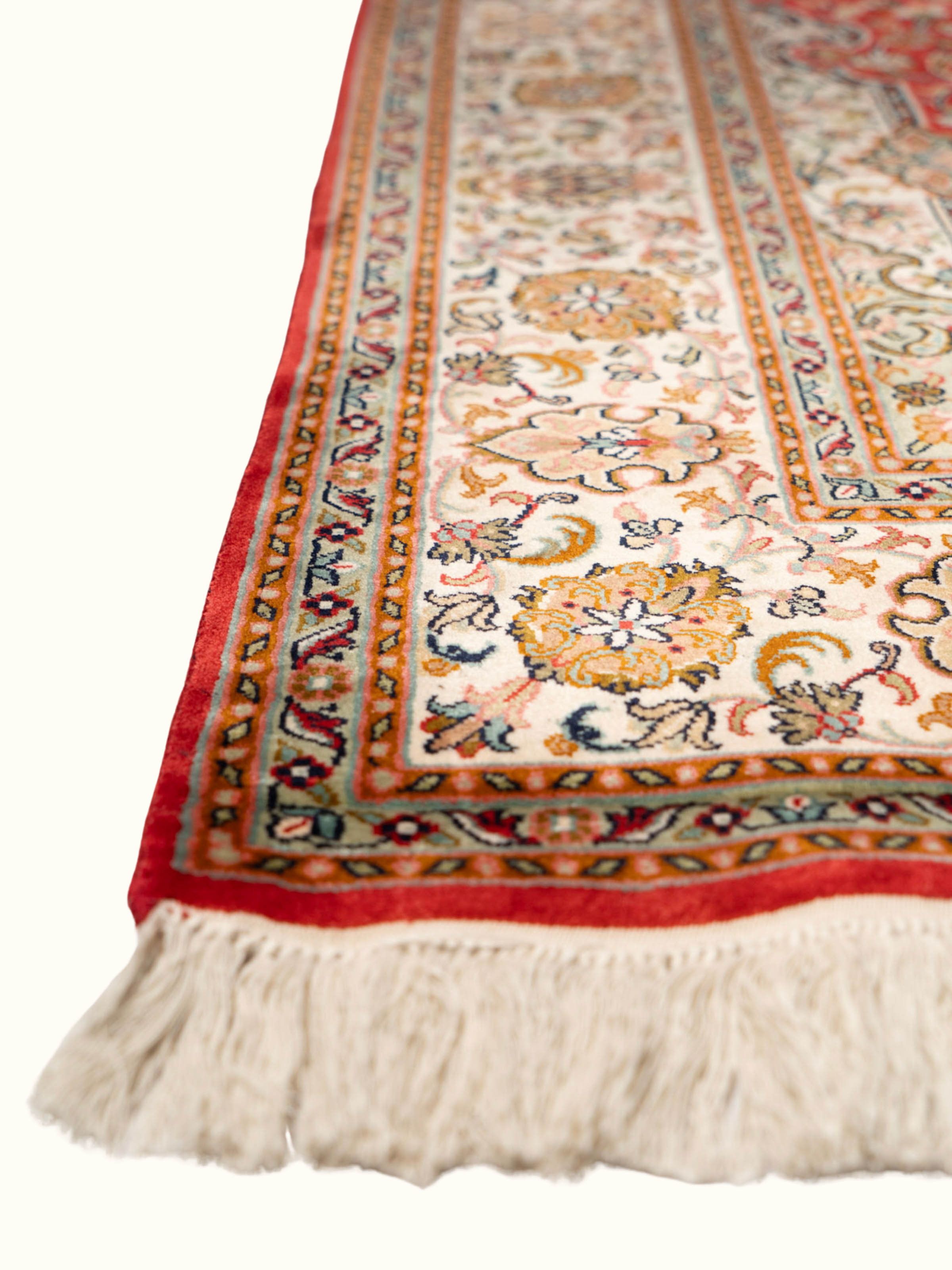 Traditional Kashan Red Kashmir Silk Hand-Knotted Carpet