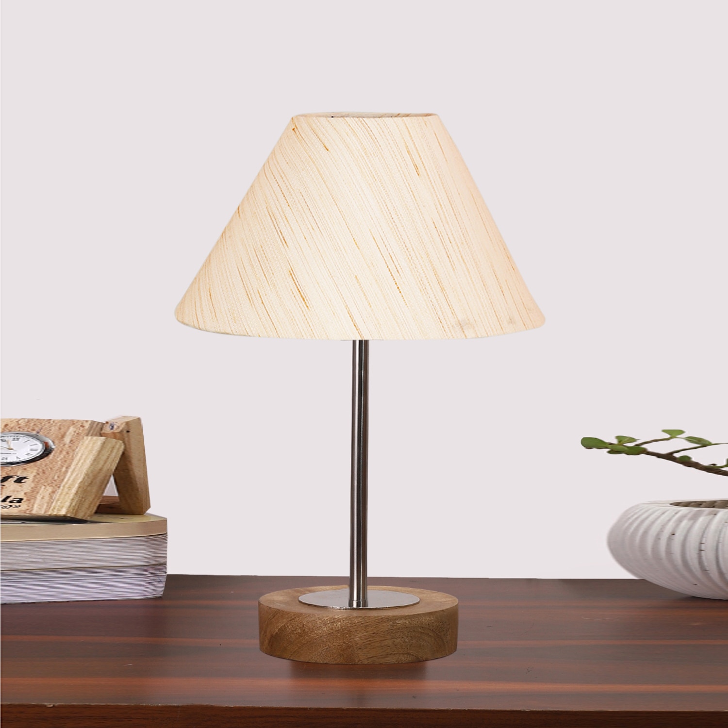 Devansh Off White Cotton Table Lamp With  Natural  Wood Base  & Steel Pipe (10X16.25 Inches)-27