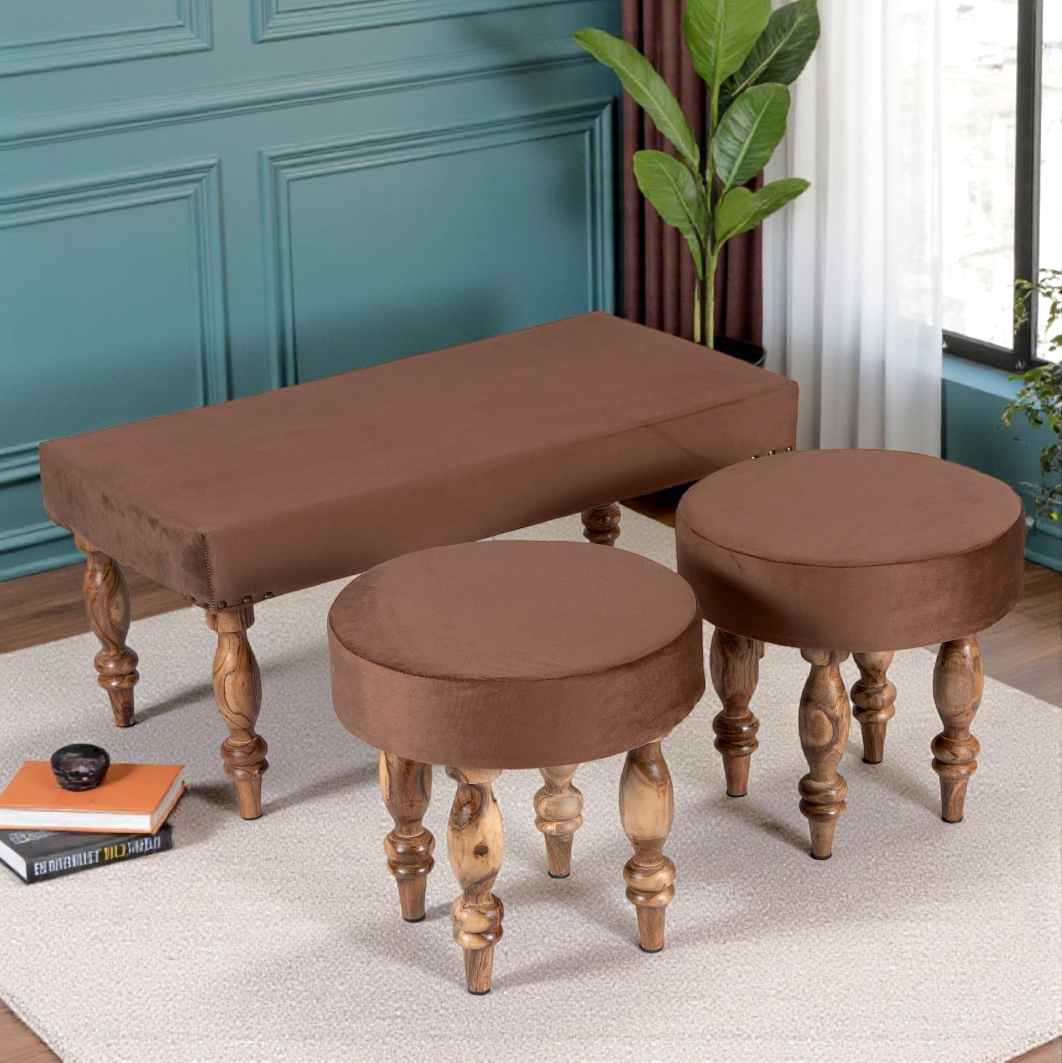Bestone Sheesham Wood Accent 2+1+1 Seater Bench Set With 2 Stools In Taupe Brown Velvet - Ikiriya