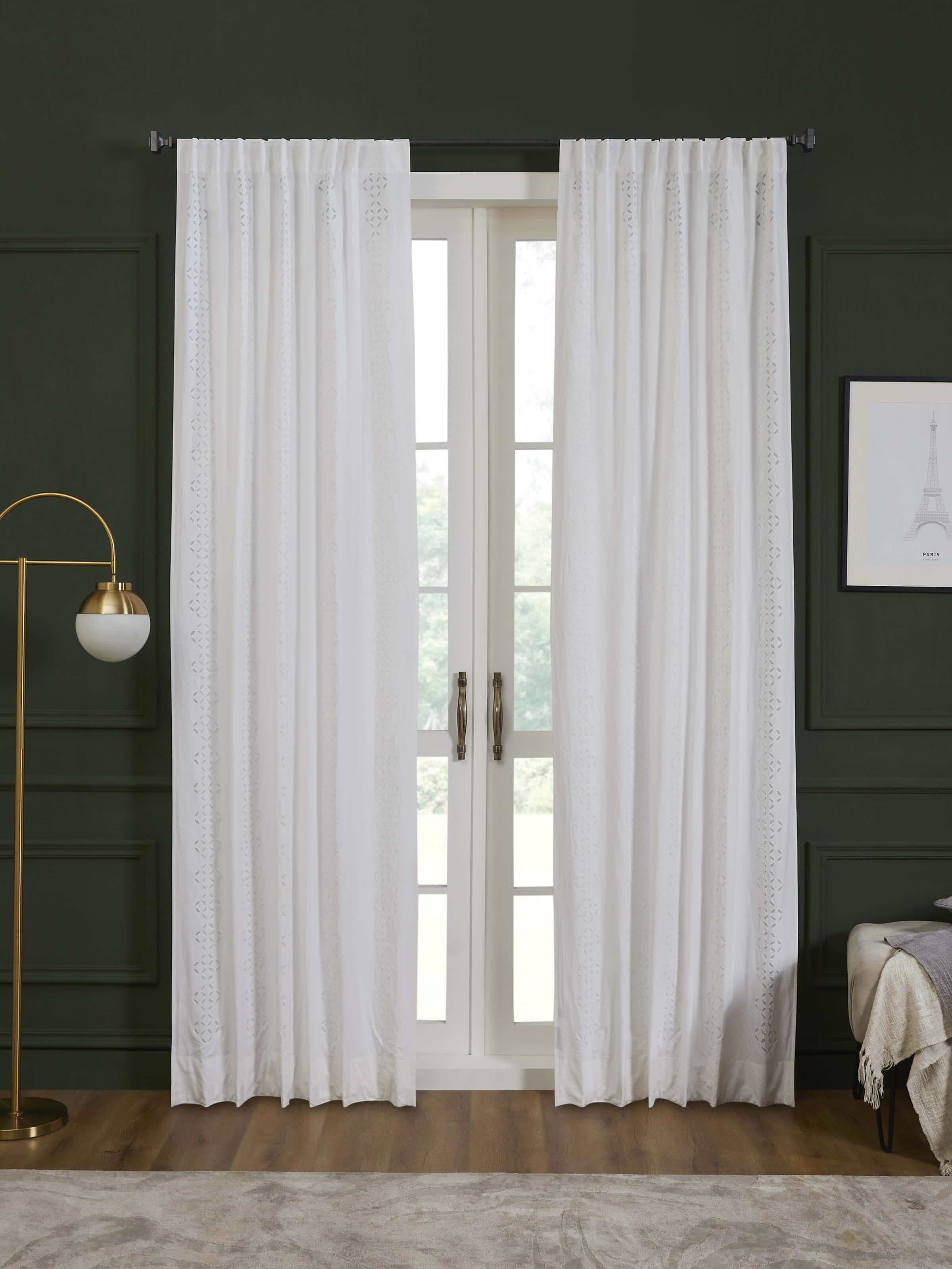 Mandana White Stripe Cotton Applique Curtain (9 Ft)