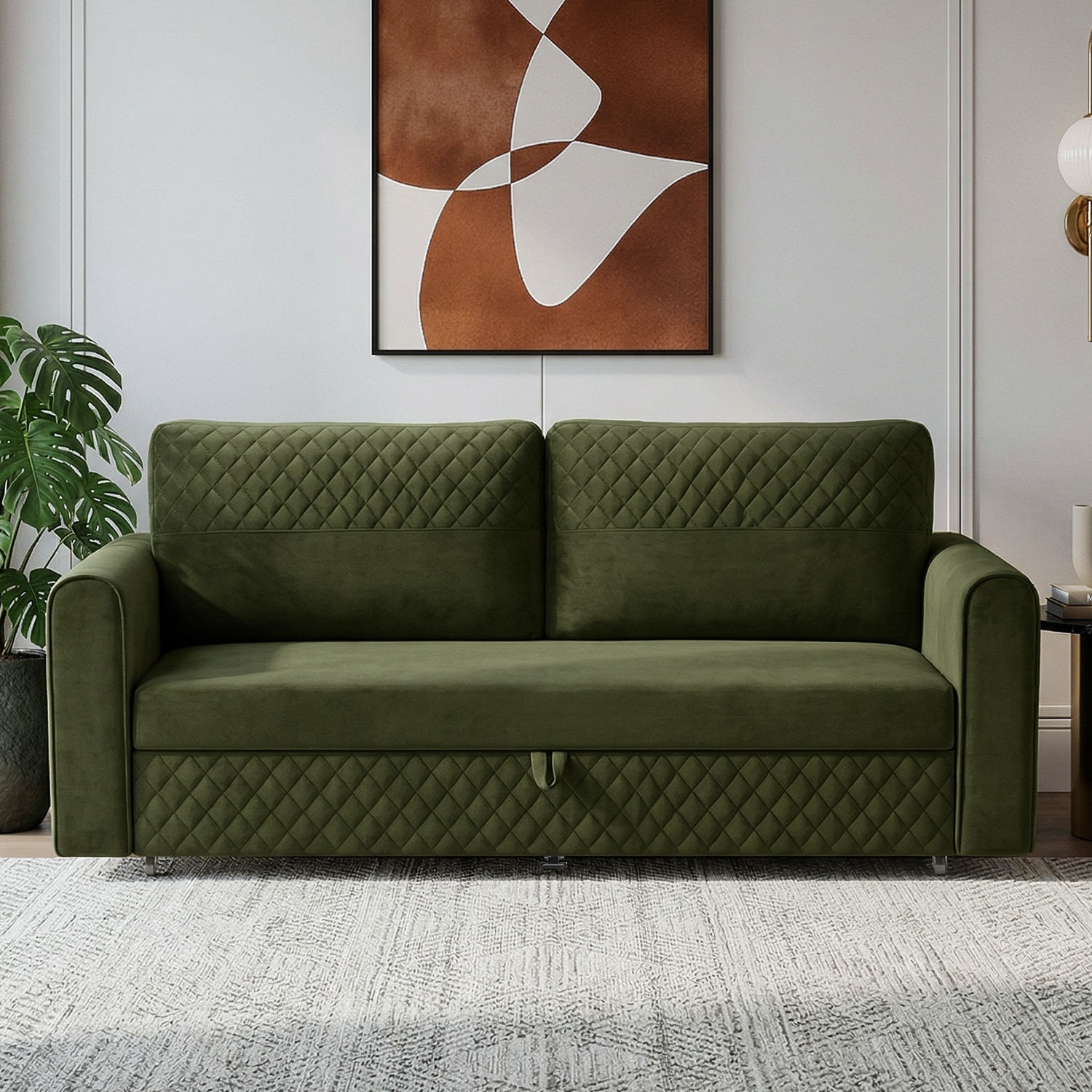 Baruna 3 Seater Velvet Pull Out Sofa Cum Bed with Storage In Green Color - Home Lifestylez