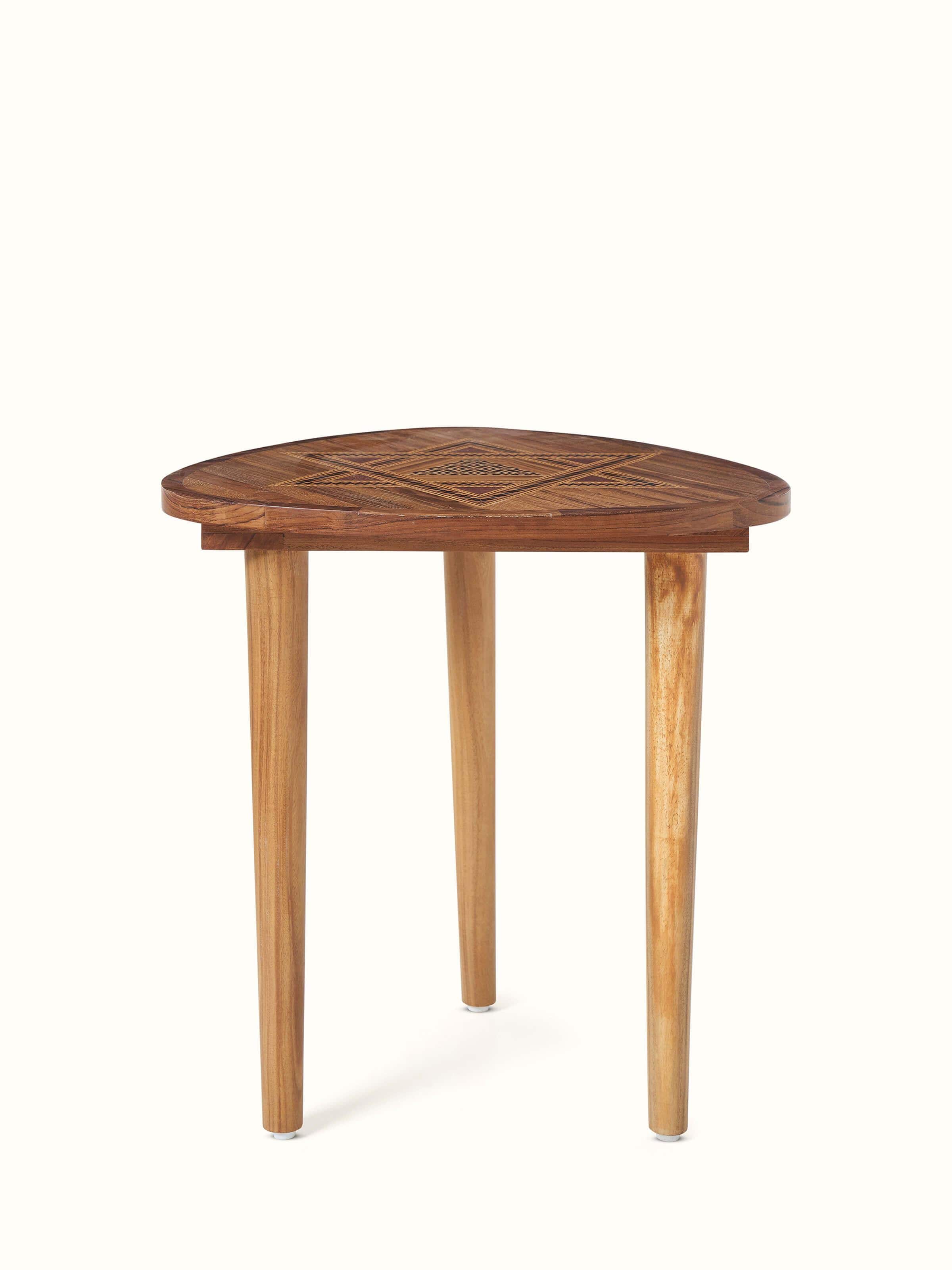 Side view of the teak wood marquetry end & side table, emphasizing the smooth finish and detailed design.