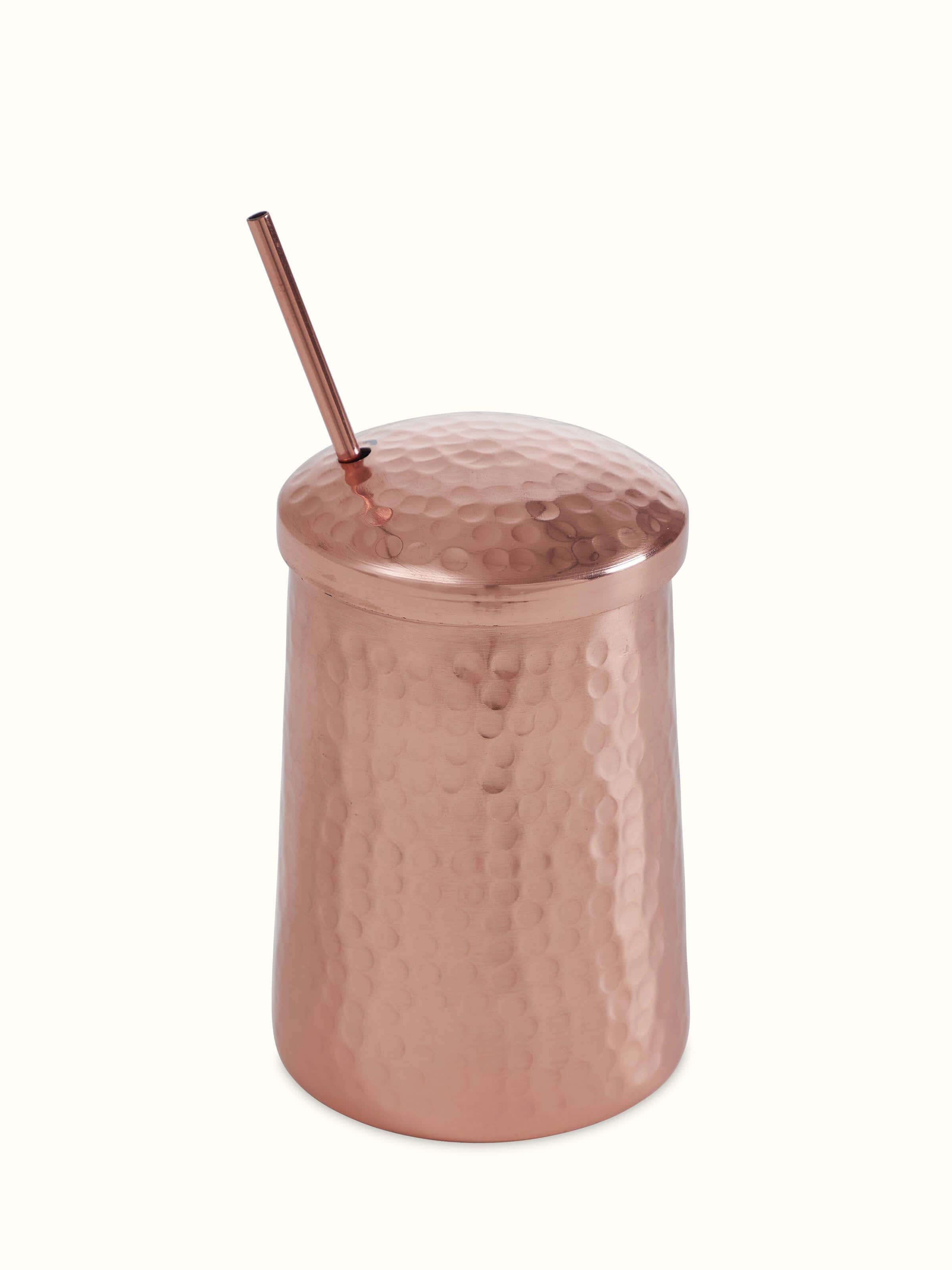 Front view of Copper Water Glass by Swadesh highlighting its sleek design and copper finish.