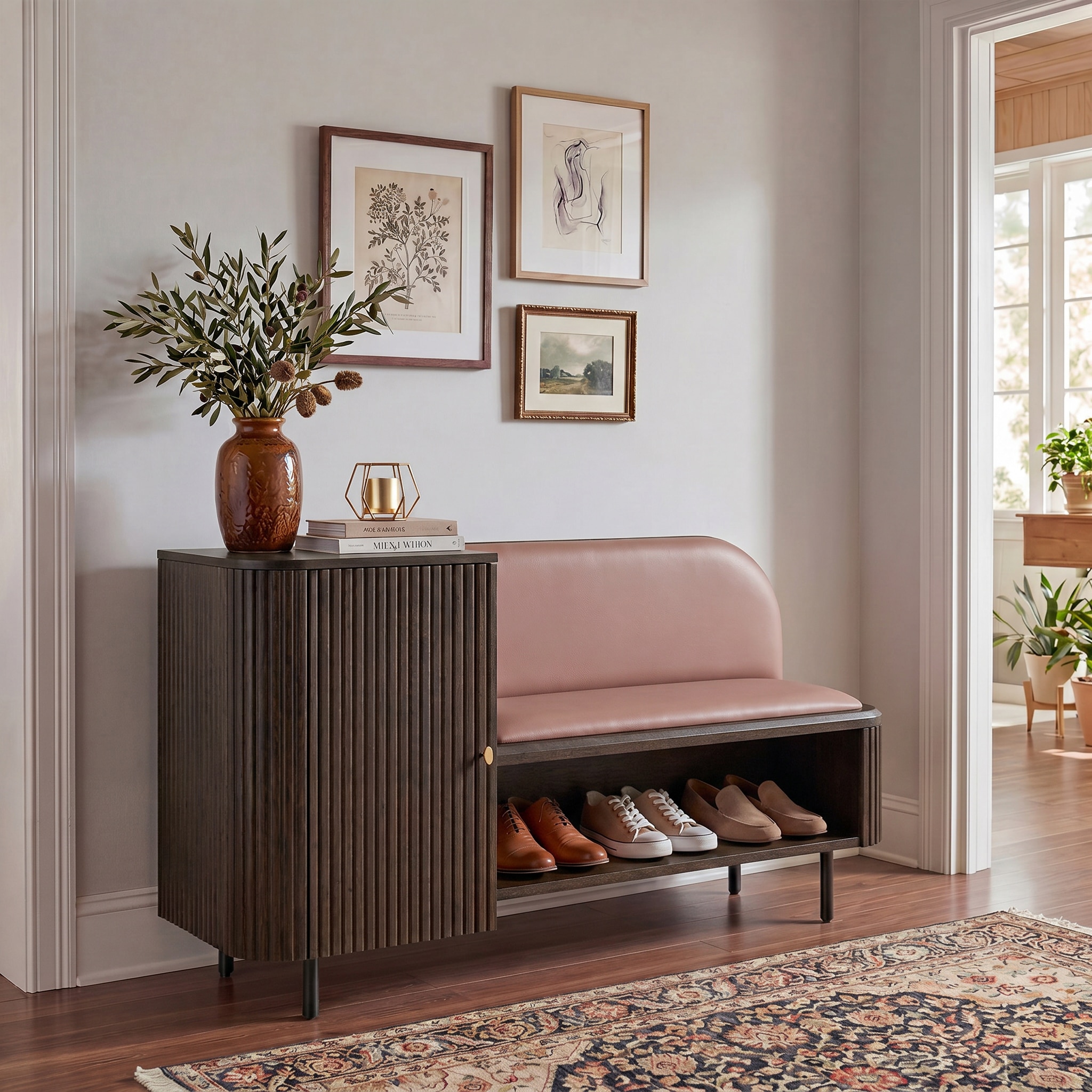 Haven Solid Wood Shoe Cabinet In Dark Chestnut Finish with  Spanish Rose Leatherette Colour - Urban Ladder