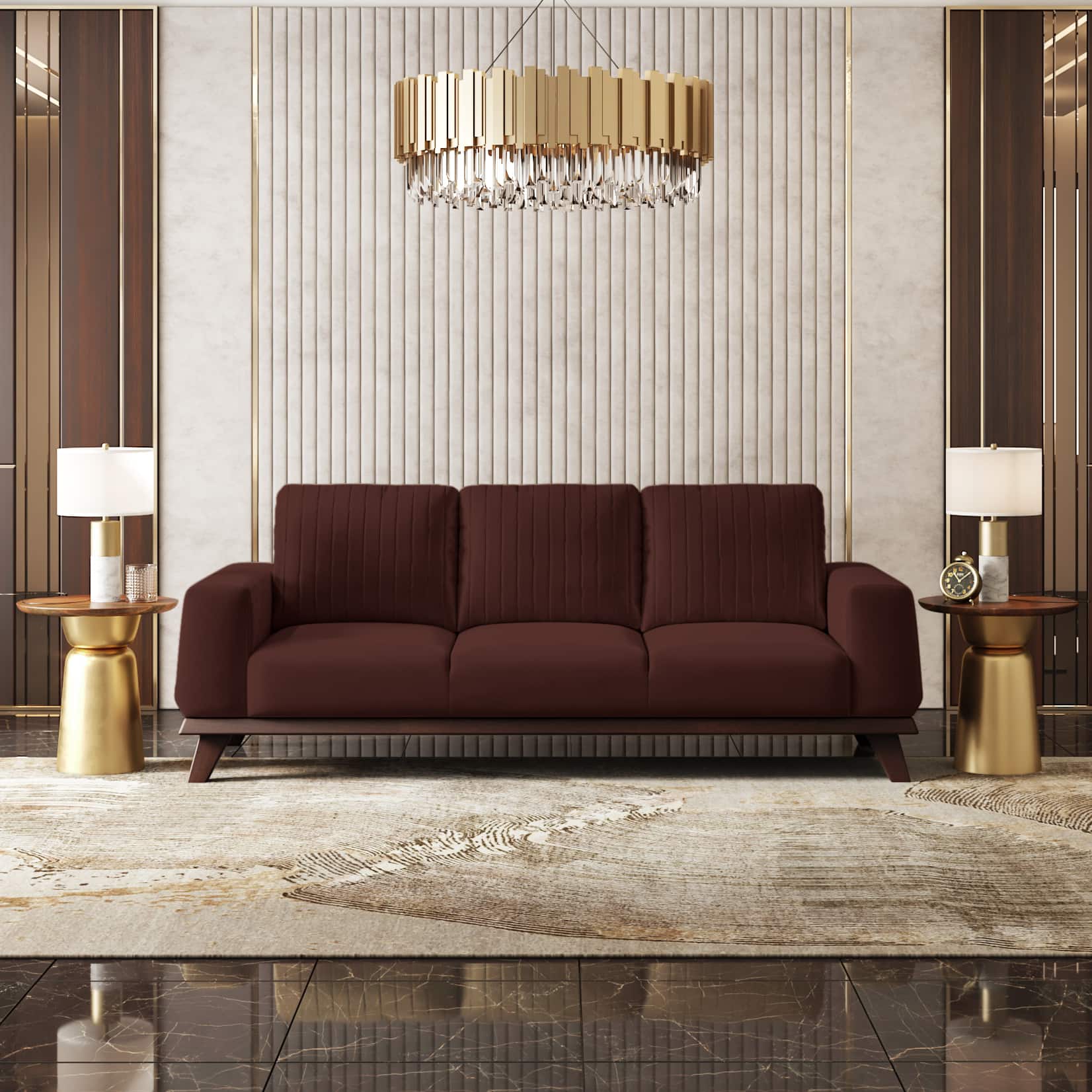 Granada Premium 3 Seater Fabric Sofa in Deep Crimson Velvet Colour - Urban Ladder