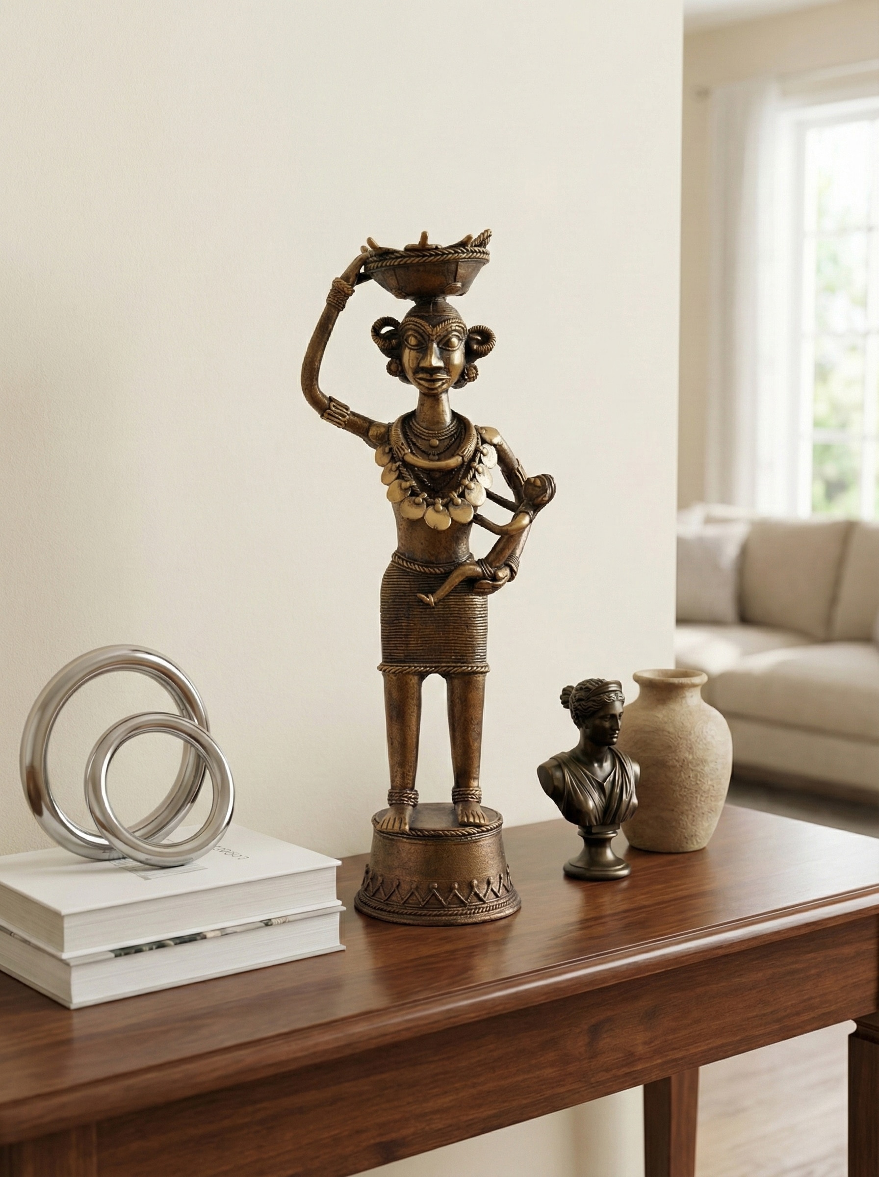 Dhokra brass tribal mother art piece in traditional metal craft style