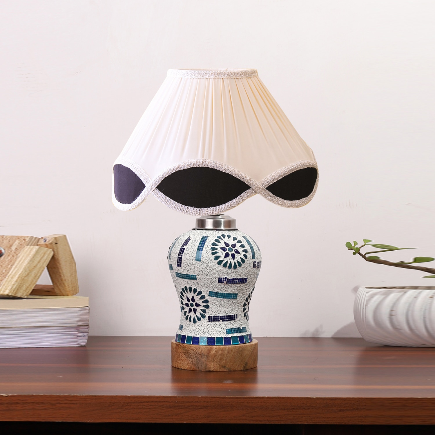 Devansh Multi Vintage Cotton Pleated Shade Lamp With Wood & Mosaic Glass Base For Decoration/Office/Home/Gifting/Study For Decoration/Office/Home/Gifting/Study