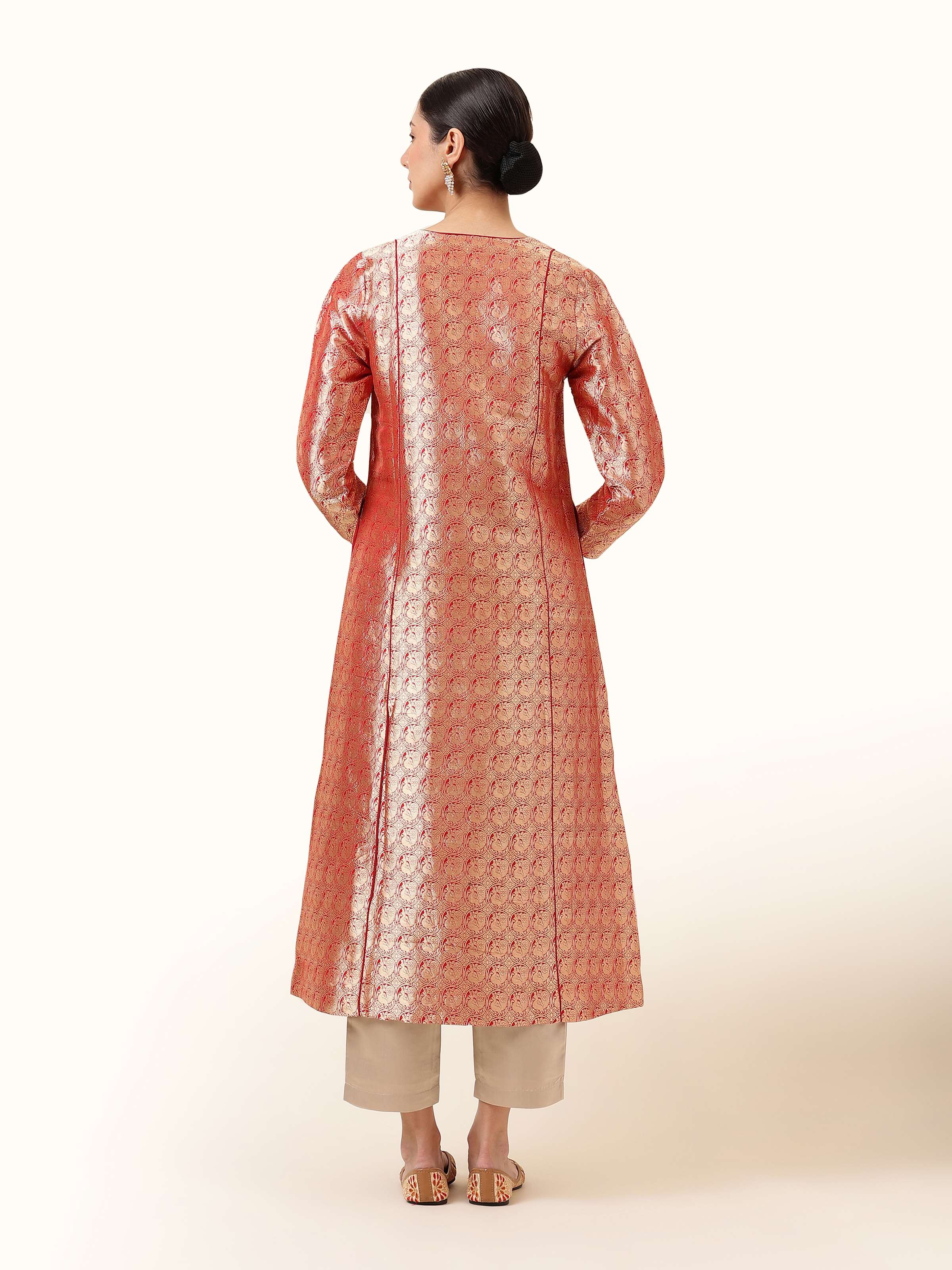 Back view of Red Silk Banarasi Kurta showing clean finish and subtle zari accents on the rear panel.