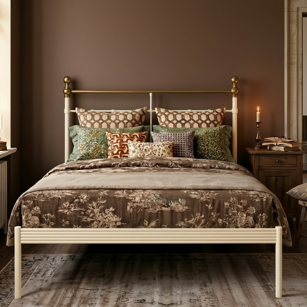 Iver Metal Non Storage Queen Bed in Glossy Ivory Finish - Original Bed Co.