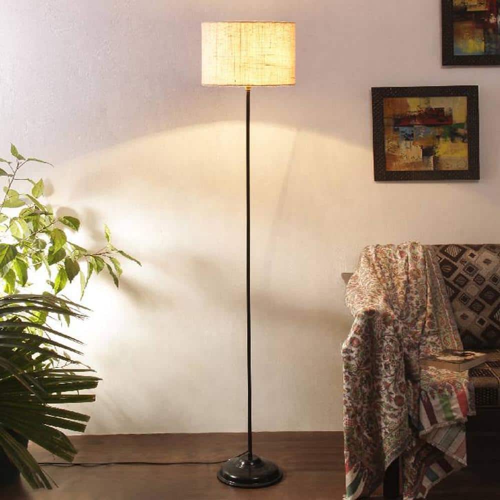 Minnie White Natural Fiber Floor Lamp with Black Iron Base