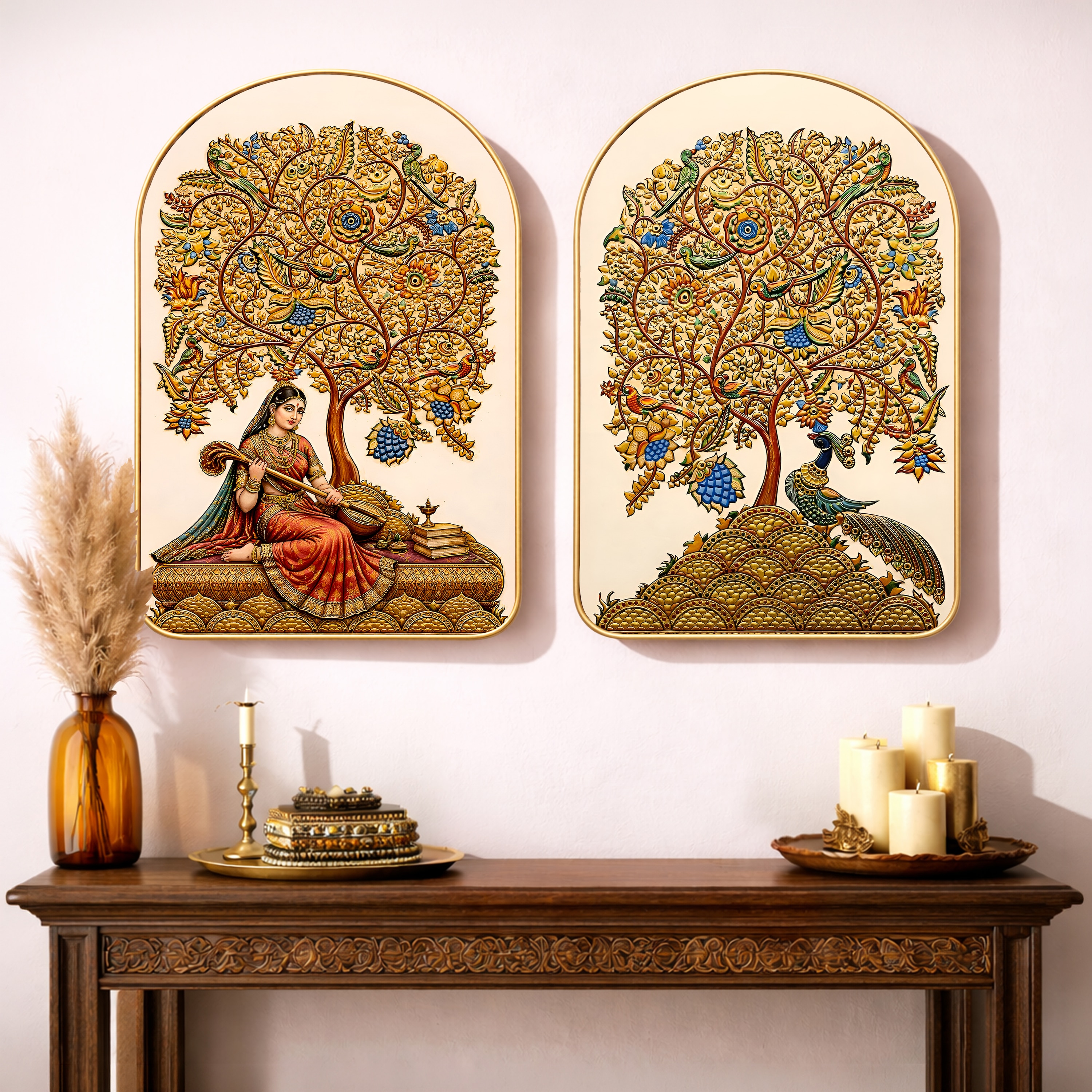 Mughal Royal Lady with Peacock Wall Art Painting Set of 2 Gold Frame 16 x 24 Inch - Art Street