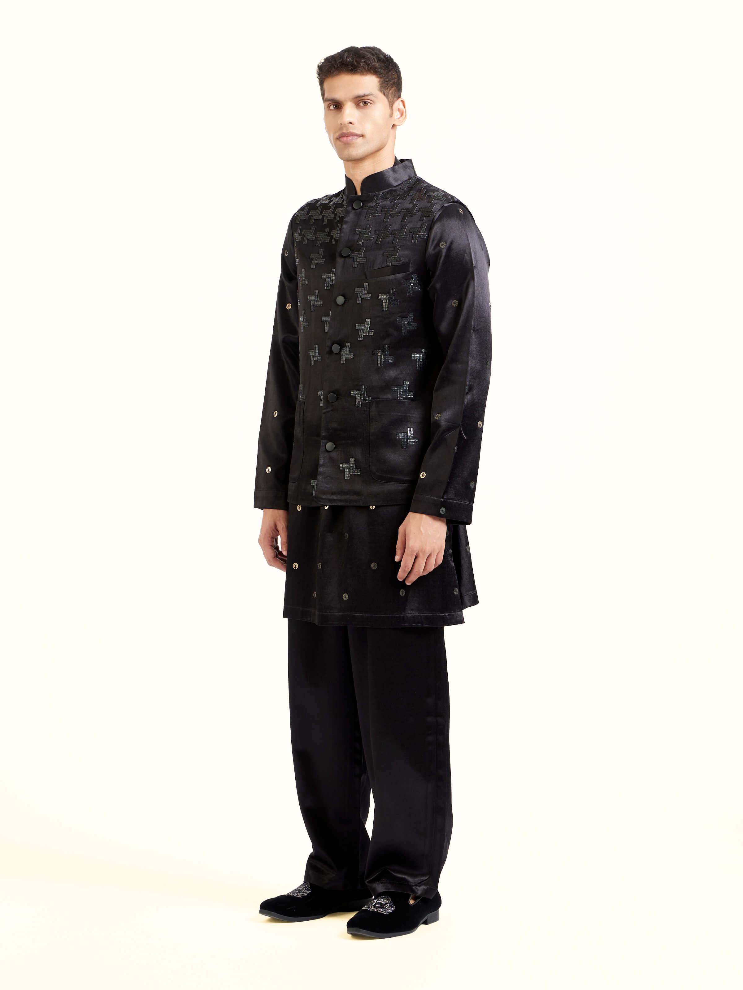 Side view of black hand embroidery ethnic jacket highlighting structured silhouette