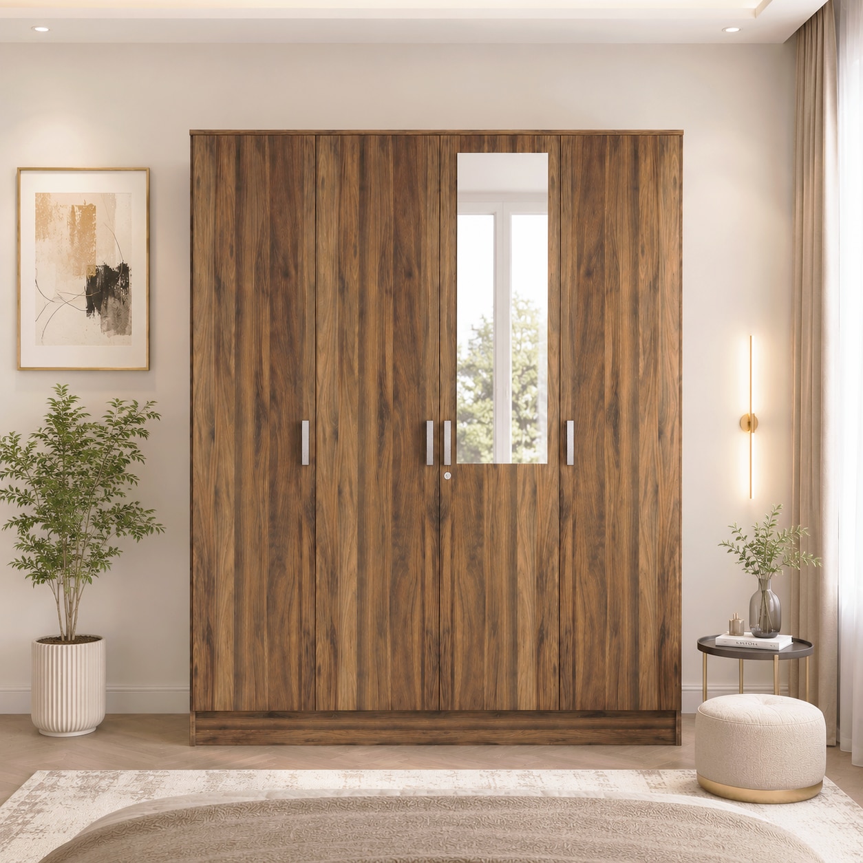 Julian Engineered Wood 4 Door Mirror Wardrobe In Walnut Finish
