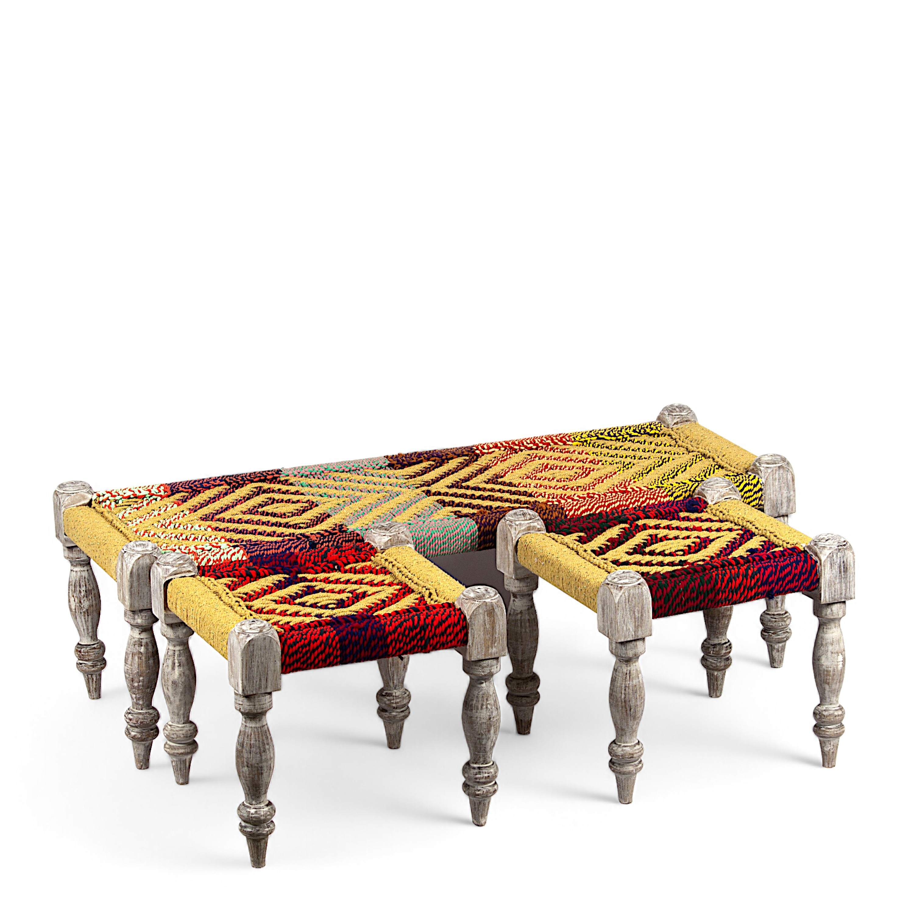 Hamilton Sheesham Wood 2 Seater Maachi Bench Set With 2 Stools In Assorted Multi-Colour Chindi & Yellow Rope Canning