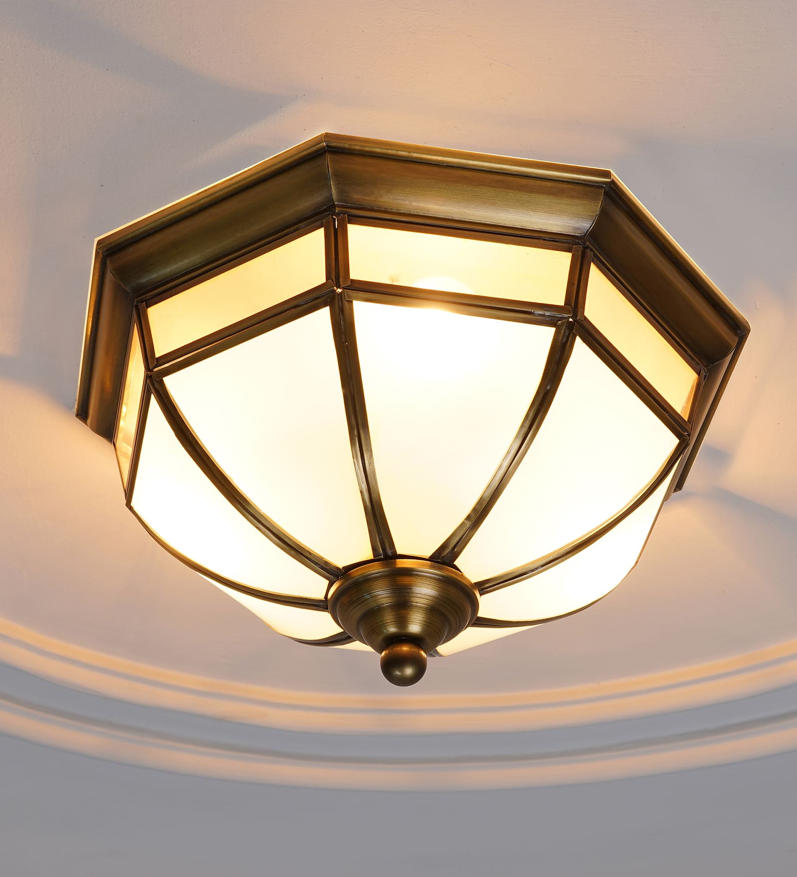 Mirage Frosted White and Antique Brass Flush Ceiling Light