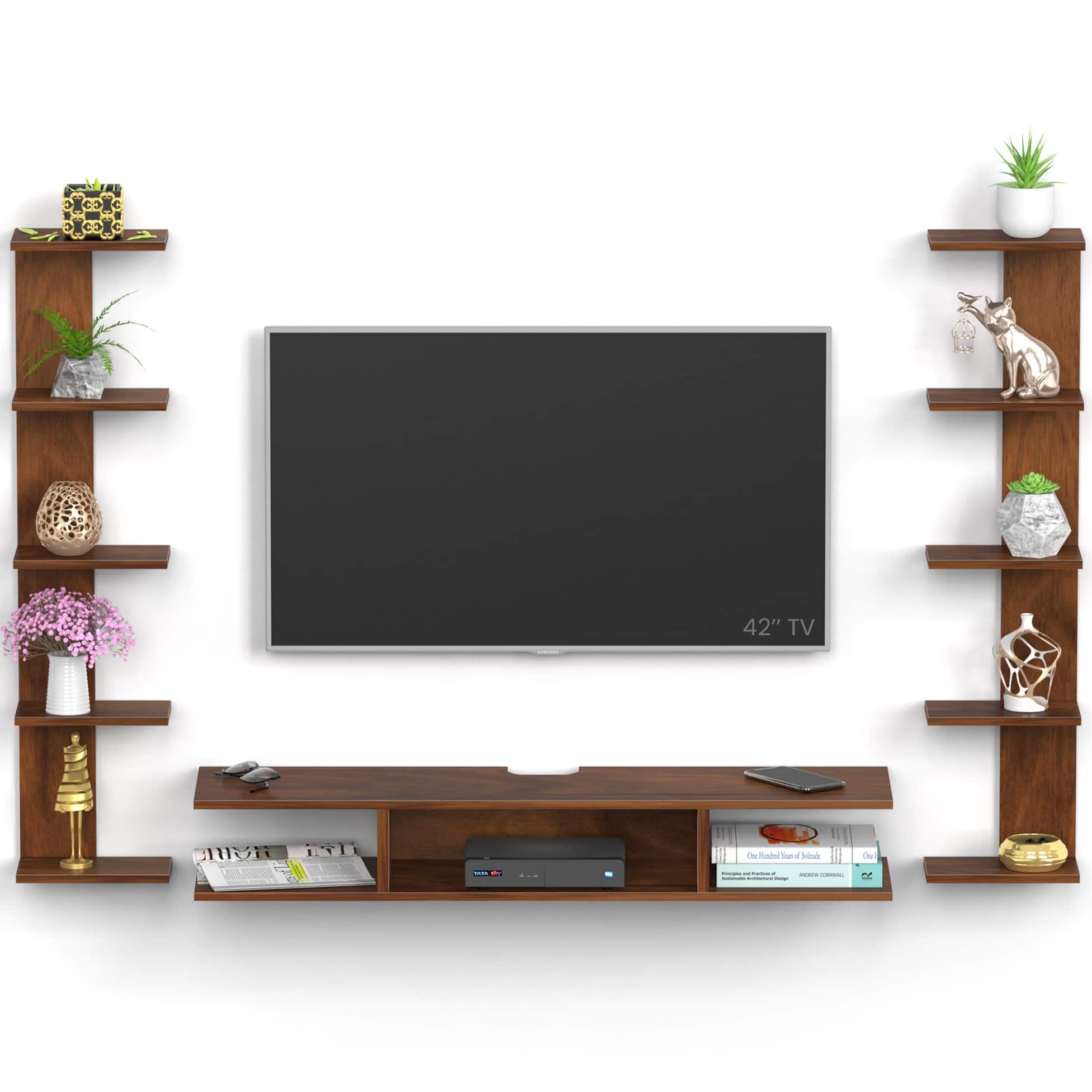 BLUEWUD Estoye Standard Engineering Wood Wall Mount TV Entertainment Unit Set Top Box Stand/TV Cabinet Panel with Shelves for Books & D�cor Display Unit, Ideal for 50� (Brown Maple)