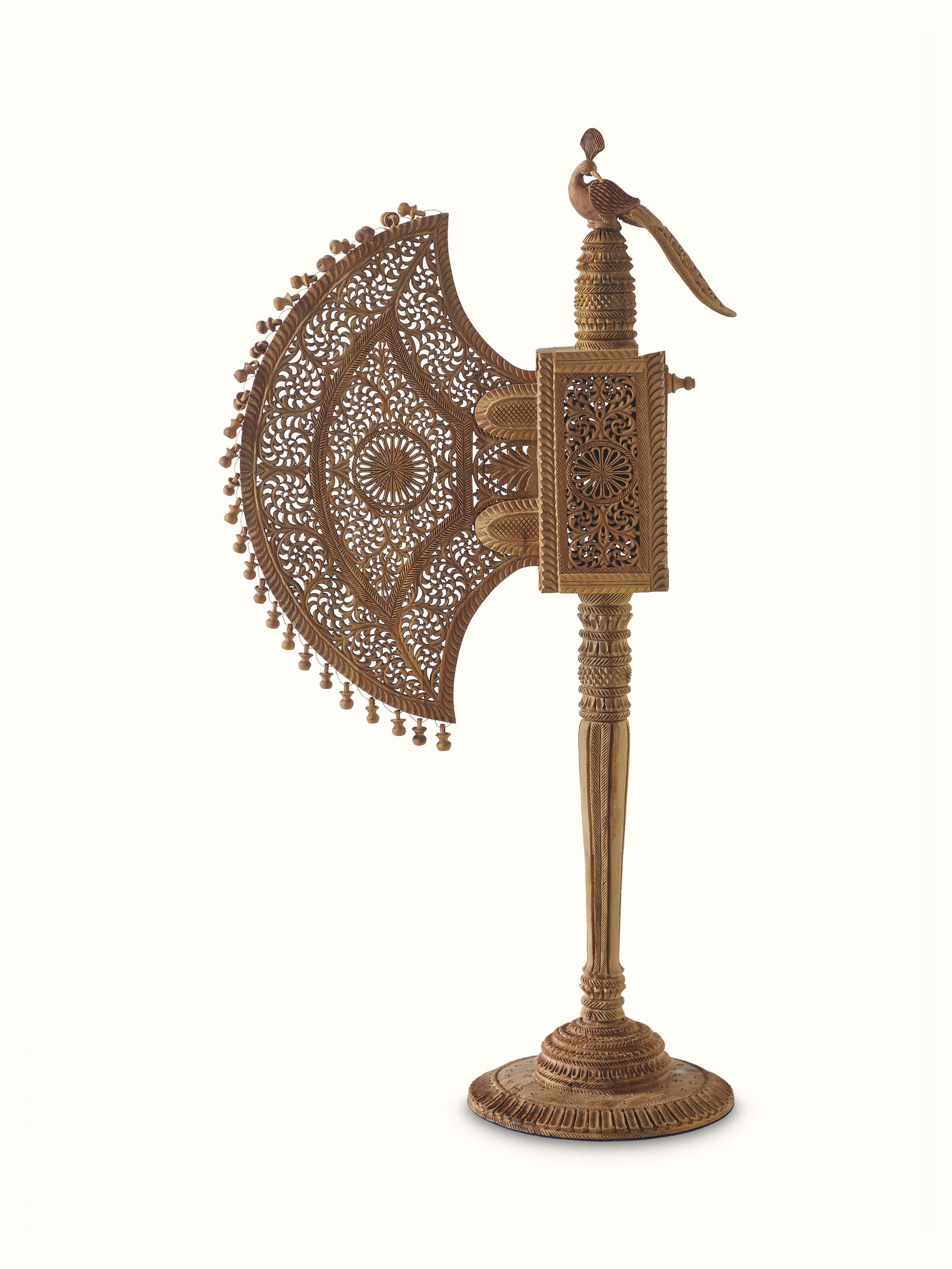 Front view of Bilara carved sandalwood jaali fan sculpture with intricate carvings
