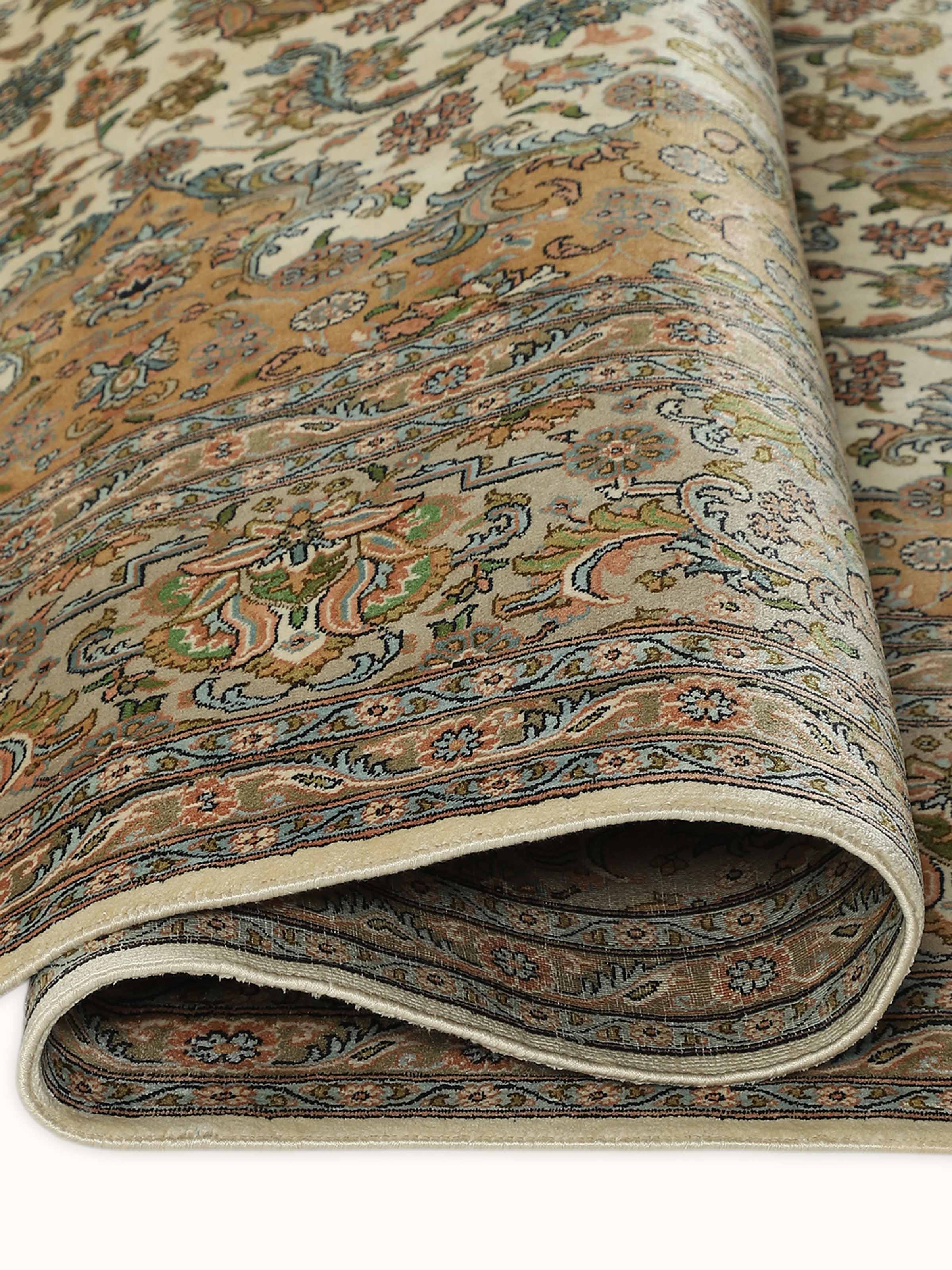 Traditional Persian Ivory Kerman Kashmir Silk Hand-knotted Rug