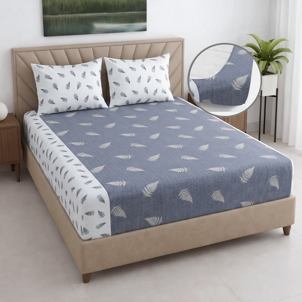 threads Grey And White Floral Cotton 400 Tcfitted Double Queen Size Bedsheet With 2 Pillow Covers-picture-20