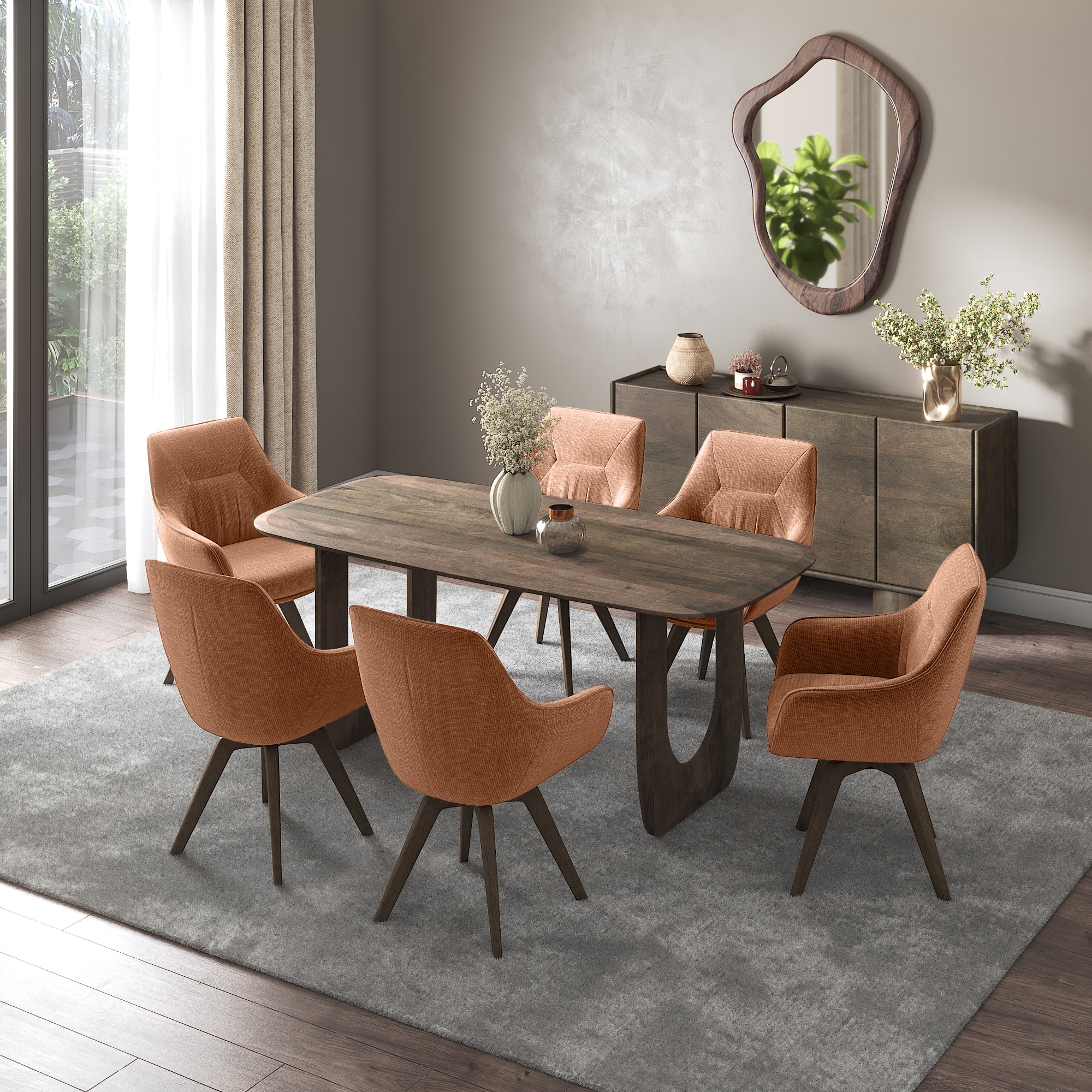 Aero Solid Wood 6 Seater Dining Table With 6  Wella Dining Chairs (Finish : Danish Walnut, Chair Colour : Terracotta)