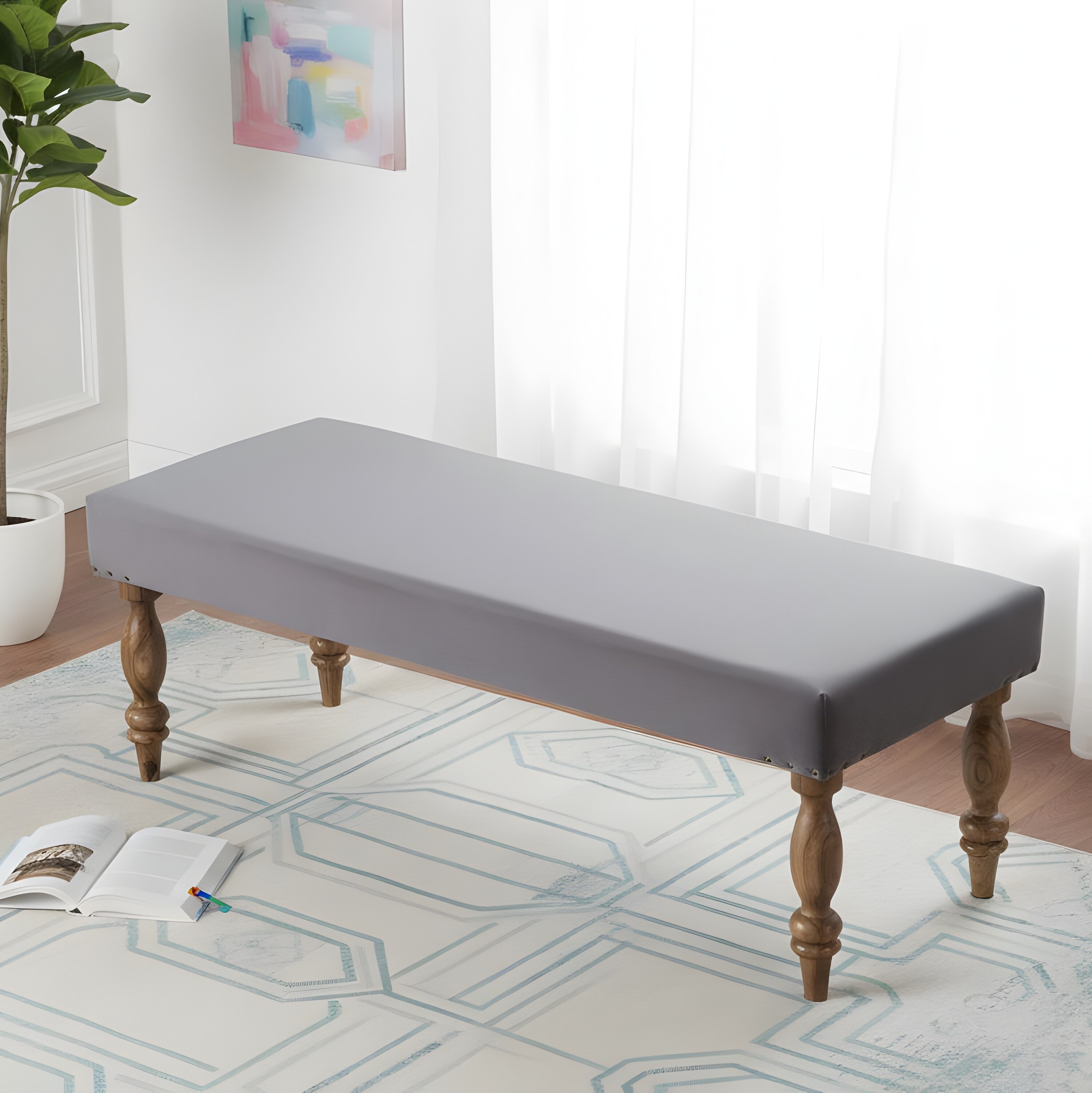 Cairo Sheesham Wood Accent 3 Seater Bench In Iron Grey Velvet