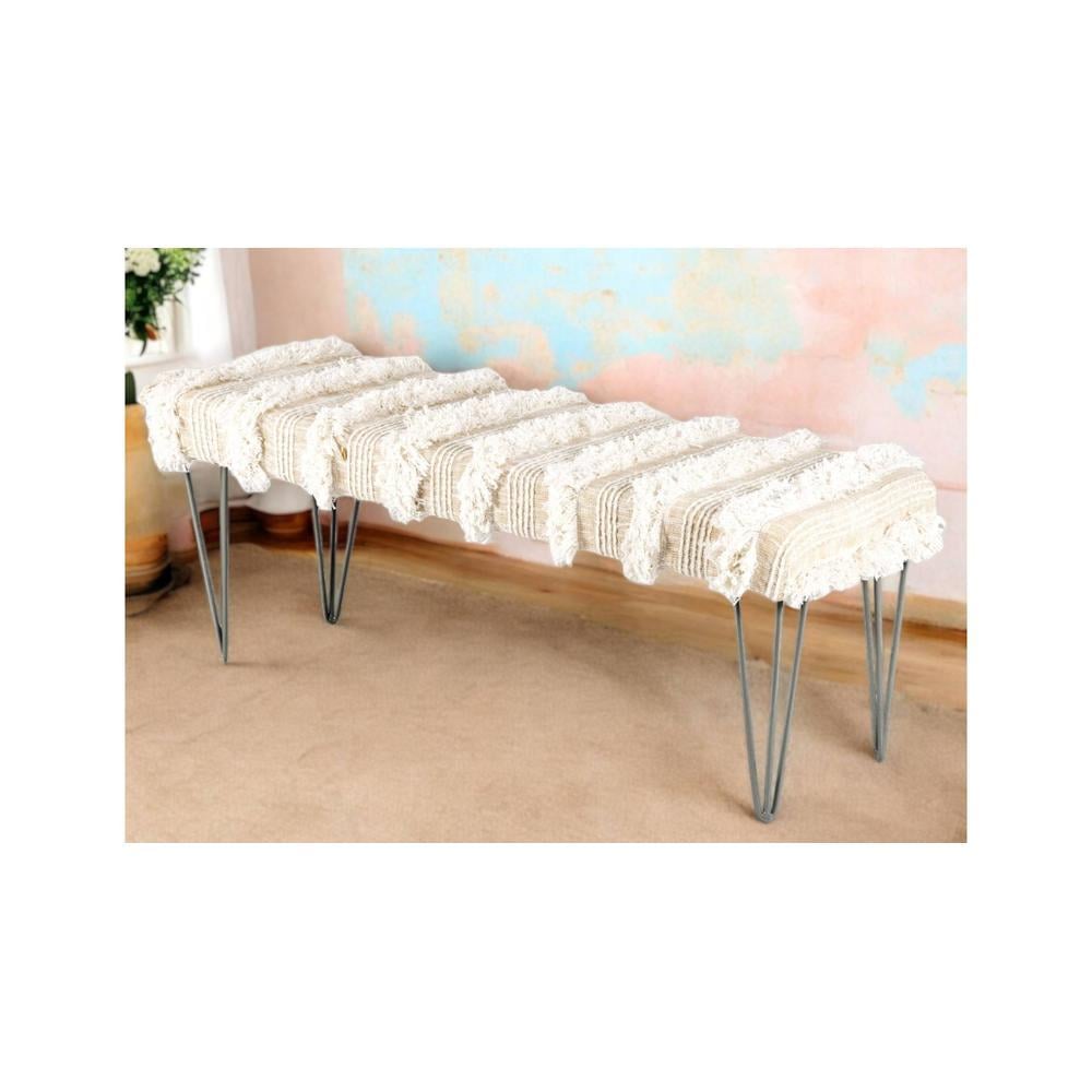 Belmont Sheesham Wood Mid Century 3 Seater Bench With Metal Legs In Beige Fabric