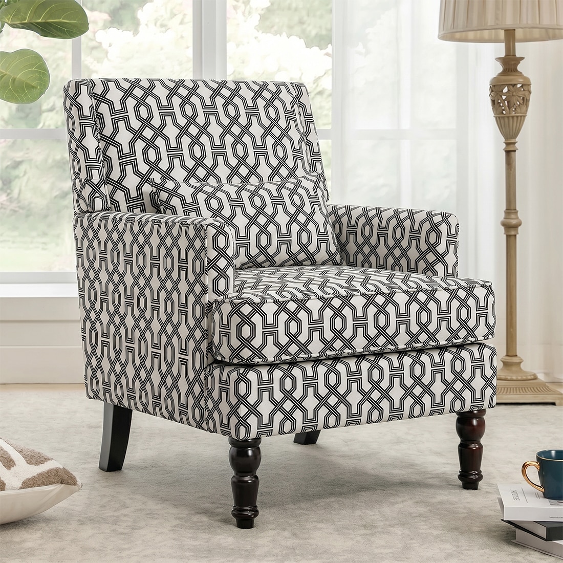Lark Printed Infinity Grid Fabric Lounge Chair in White  Colour - KURSIWALLAH