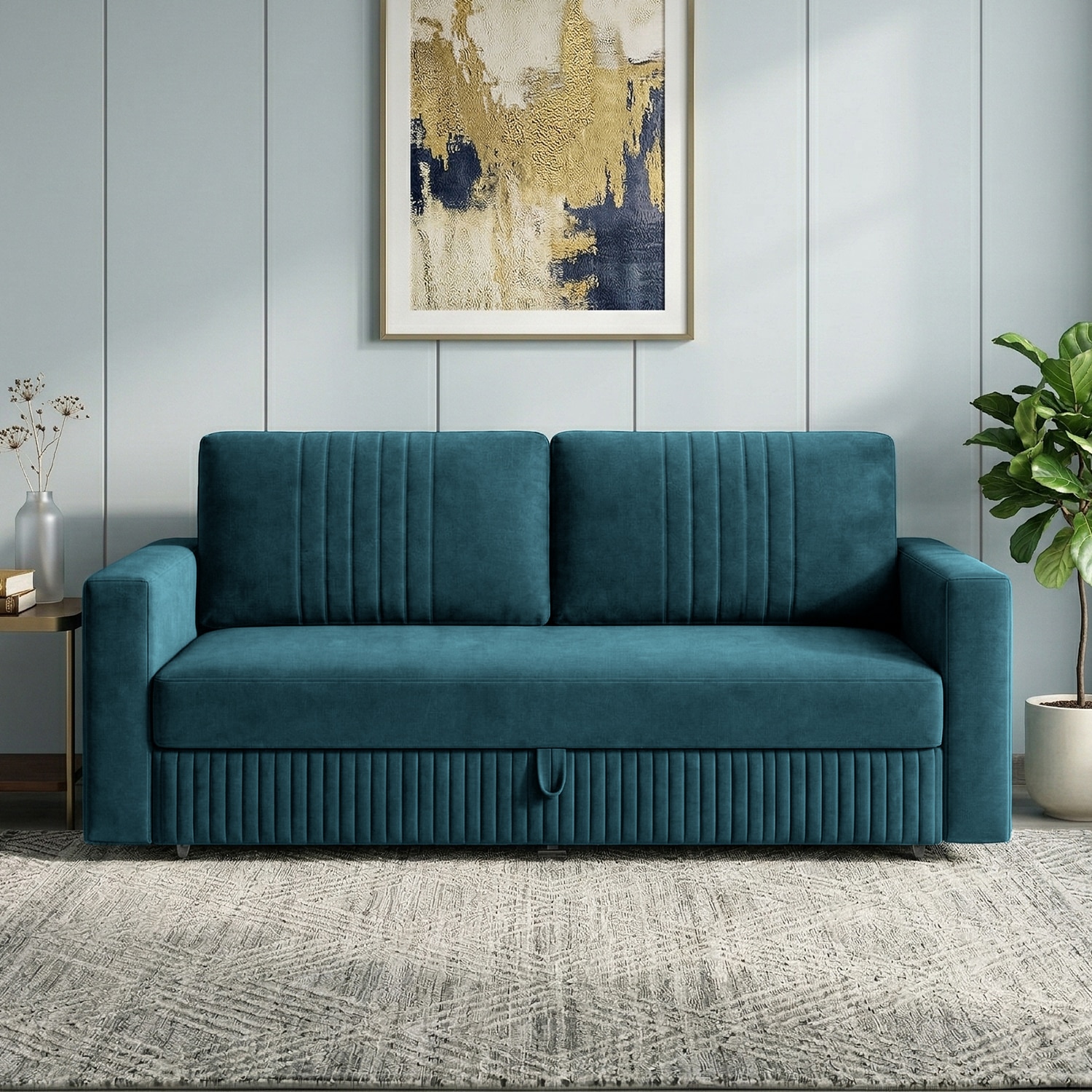 Alfon 3 Seater Velvet Pull Out Sofa Cum Bed with Storage In T Blue - Home Lifestylez