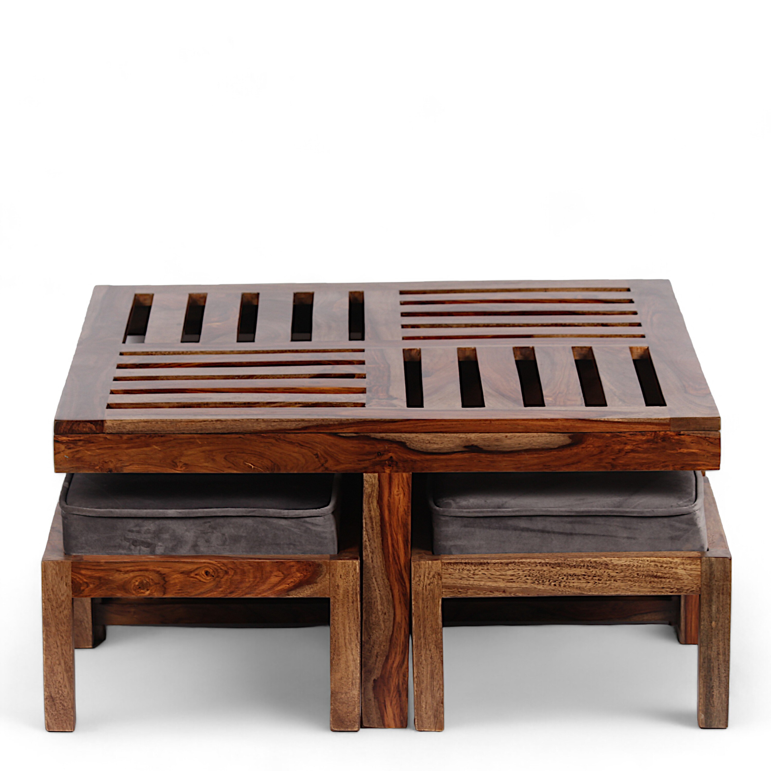 Palladio Sheesham Wood Coffee Table With 4 Stools Set In Teak Finish & Iron Grey Velvet Fabric Cushions