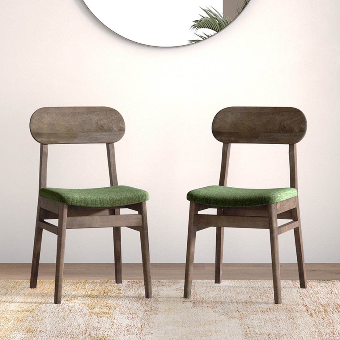 Lunar Solid Wood Dining Chair Set of 2 In Danish Walnut Finish With Moss Green Fabric Colour