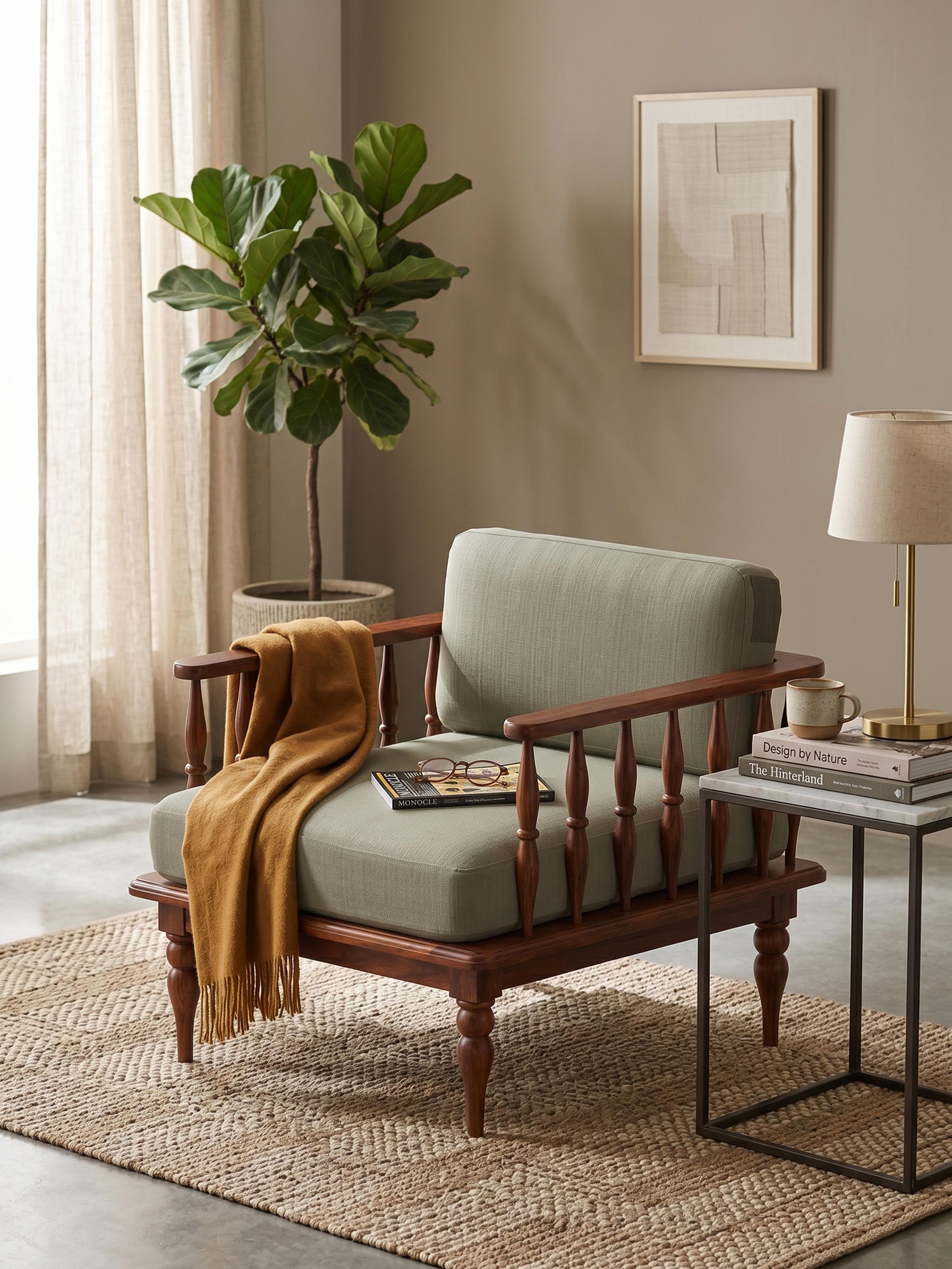 Green Chevron Fabric Upholstered Sheesham Wood 1-seater Sofa