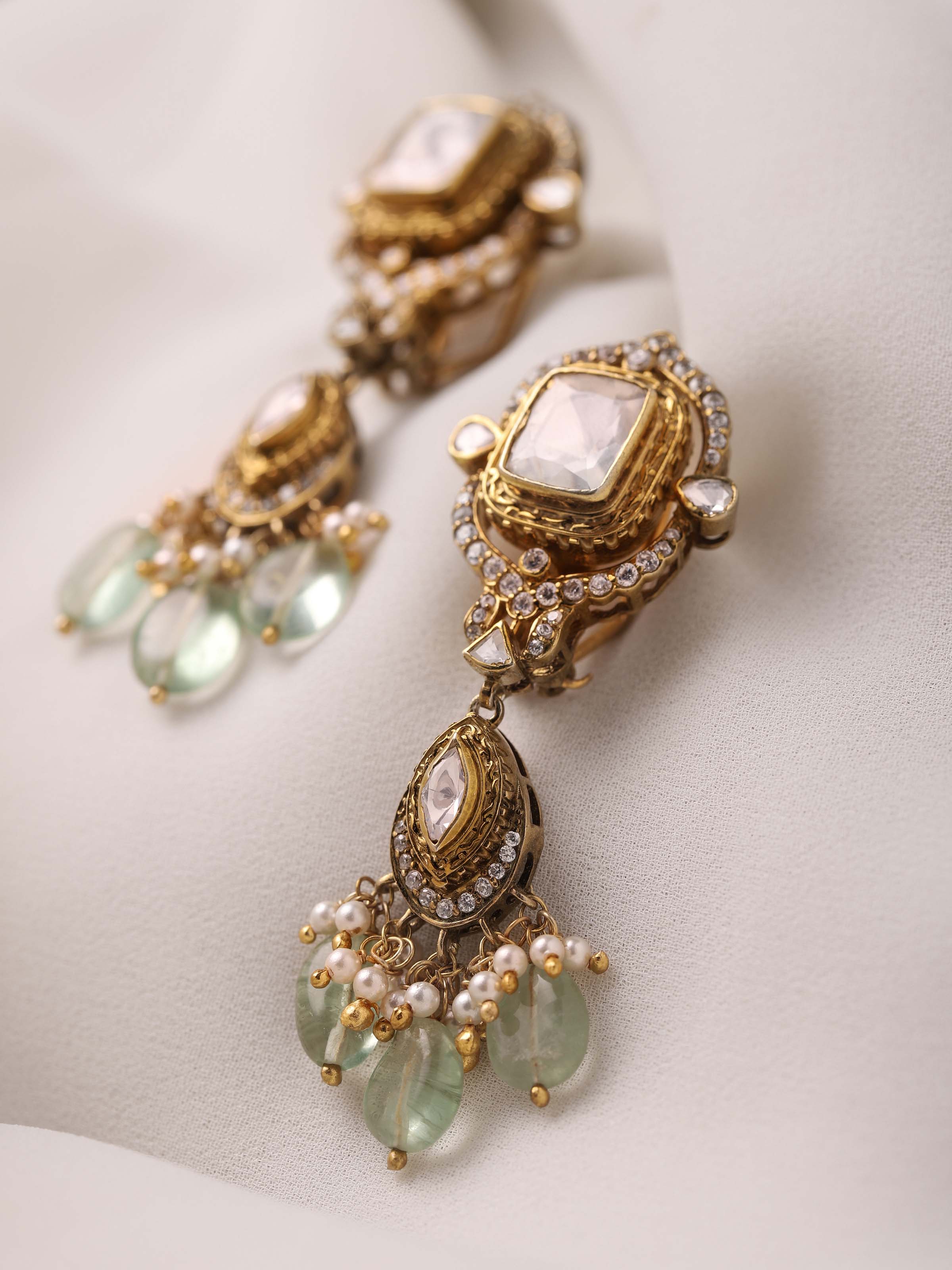 Dank Polki silver drop earrings close-up on display – Swadesh