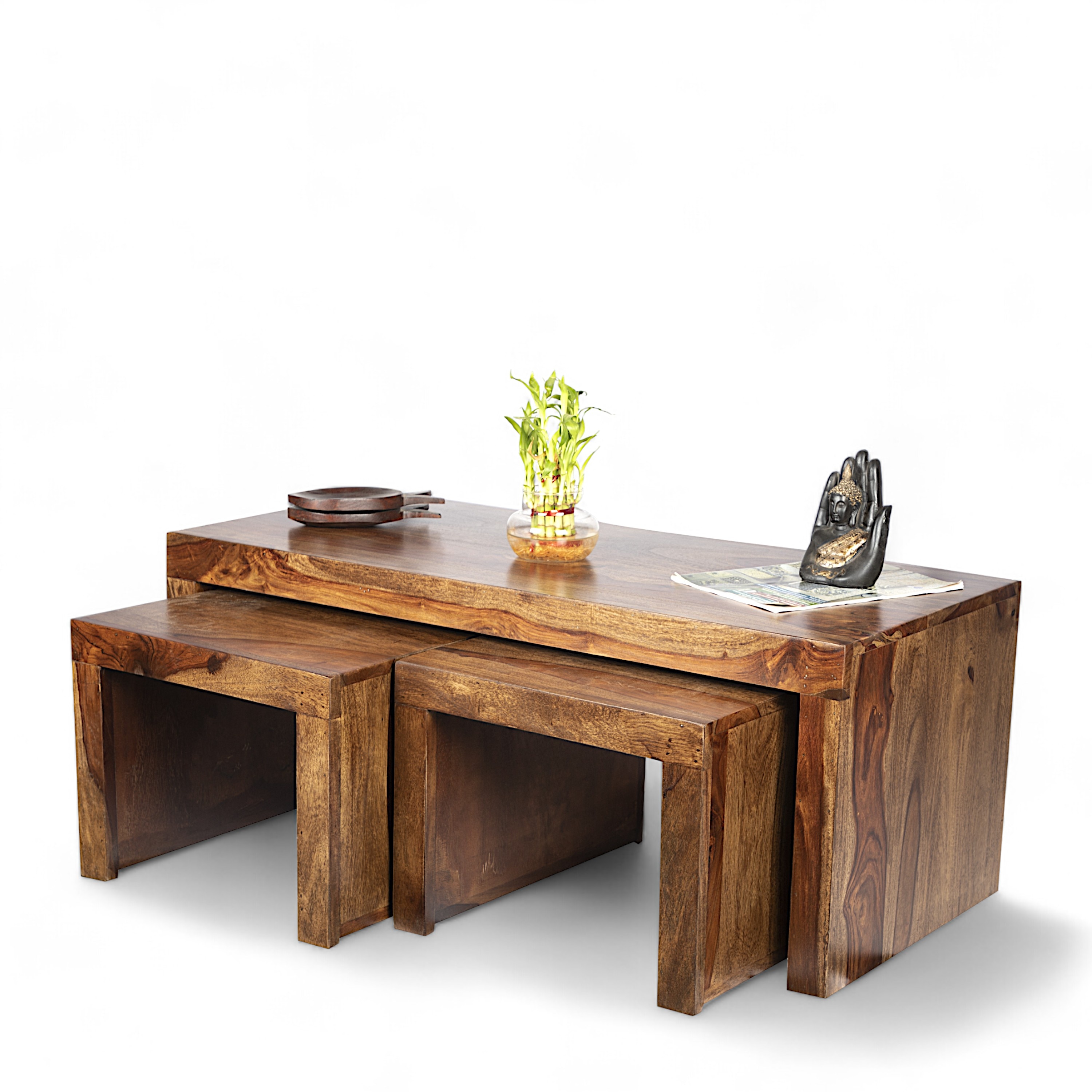 Kassel Sheesham Wood 2 Seater Coffee Table Set In Teak Finish
