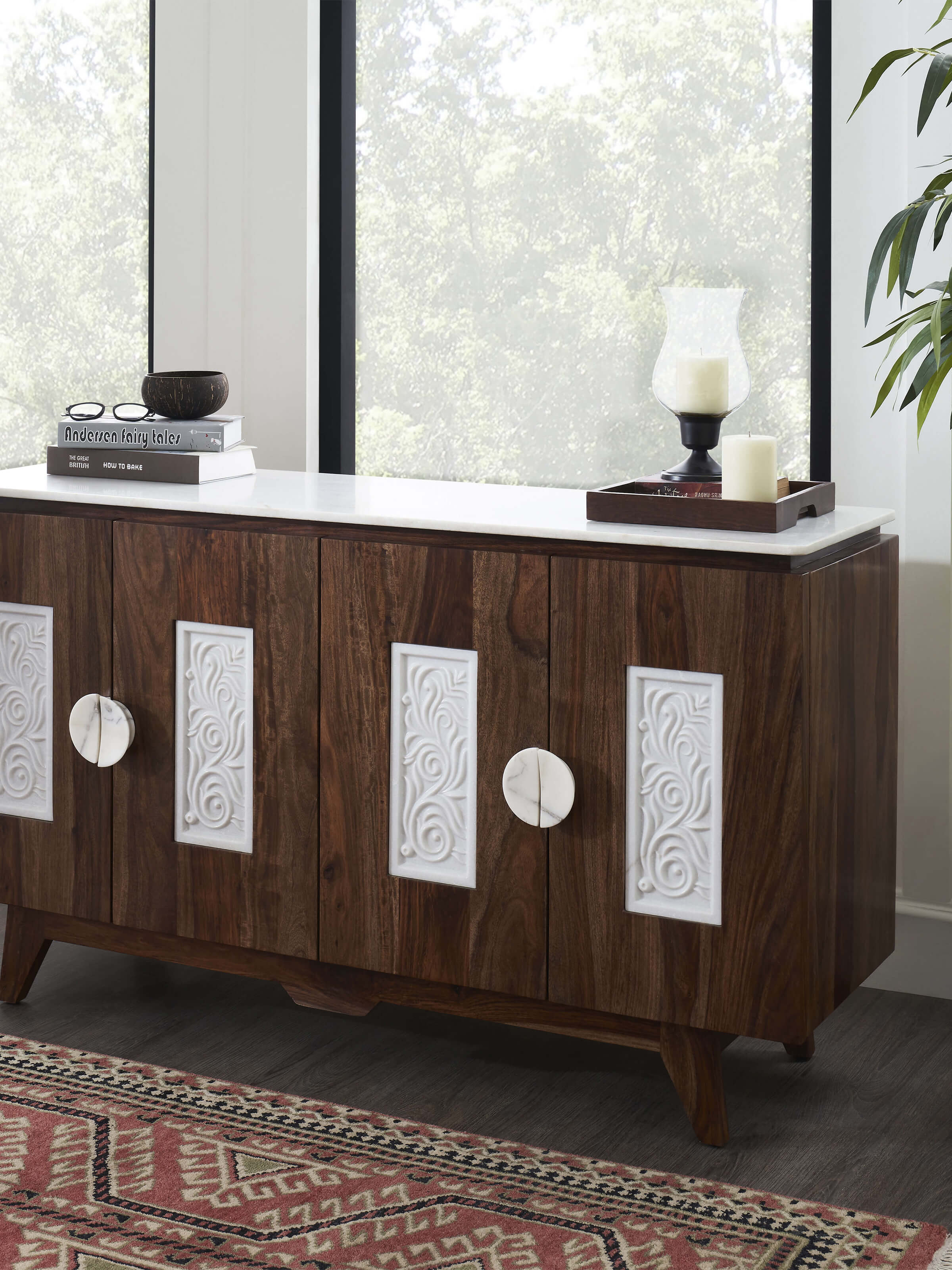 Side view of Sheesham Wood & Carved Marble Top Sideboard highlighting elegant craftsmanship and marble detailing.