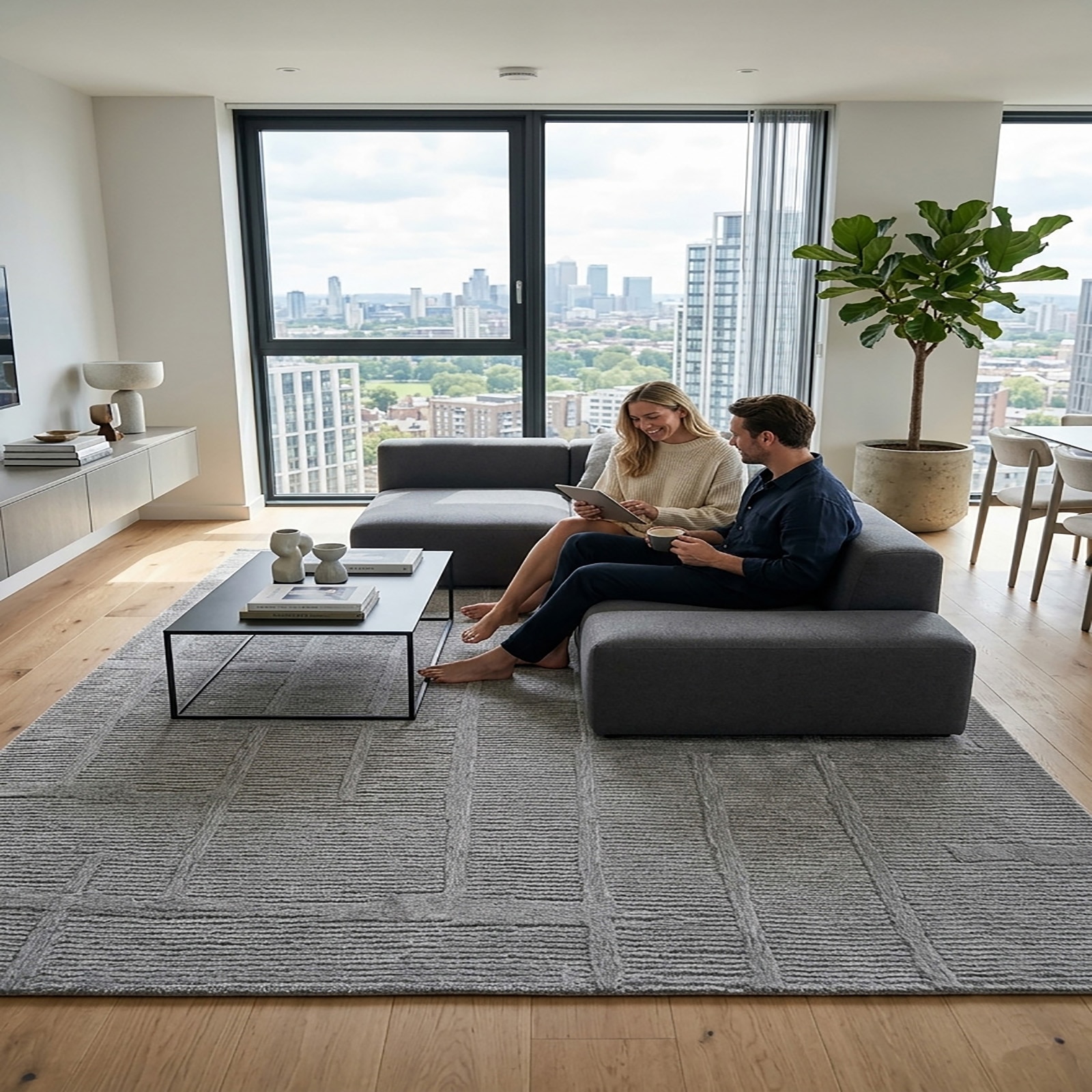 Abstract Geometric Grid Area Rug Charcoal Grey Tufted 63 x 90 - The Woven Legacy