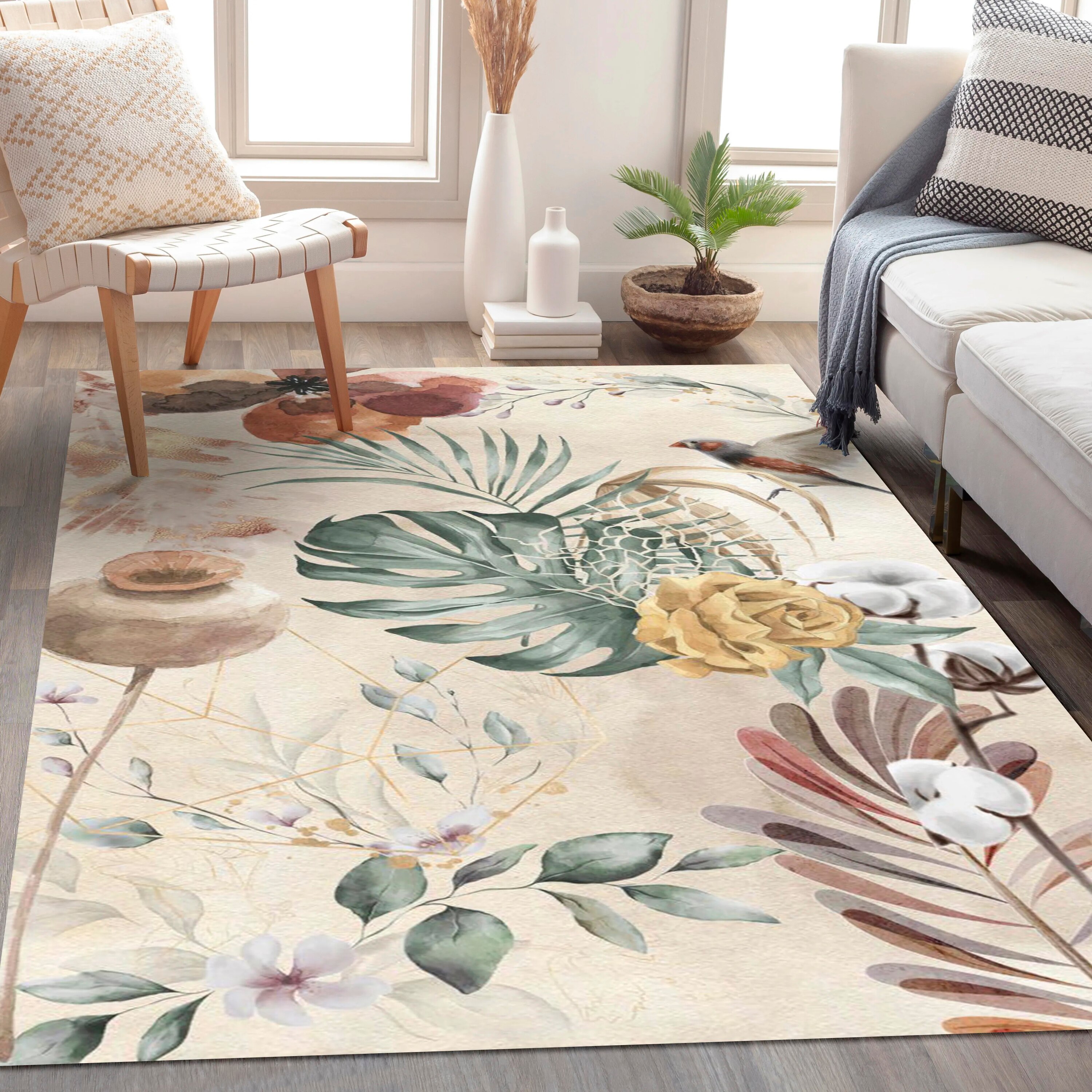 Botanical Print Cotton Rug 4x6 Ft