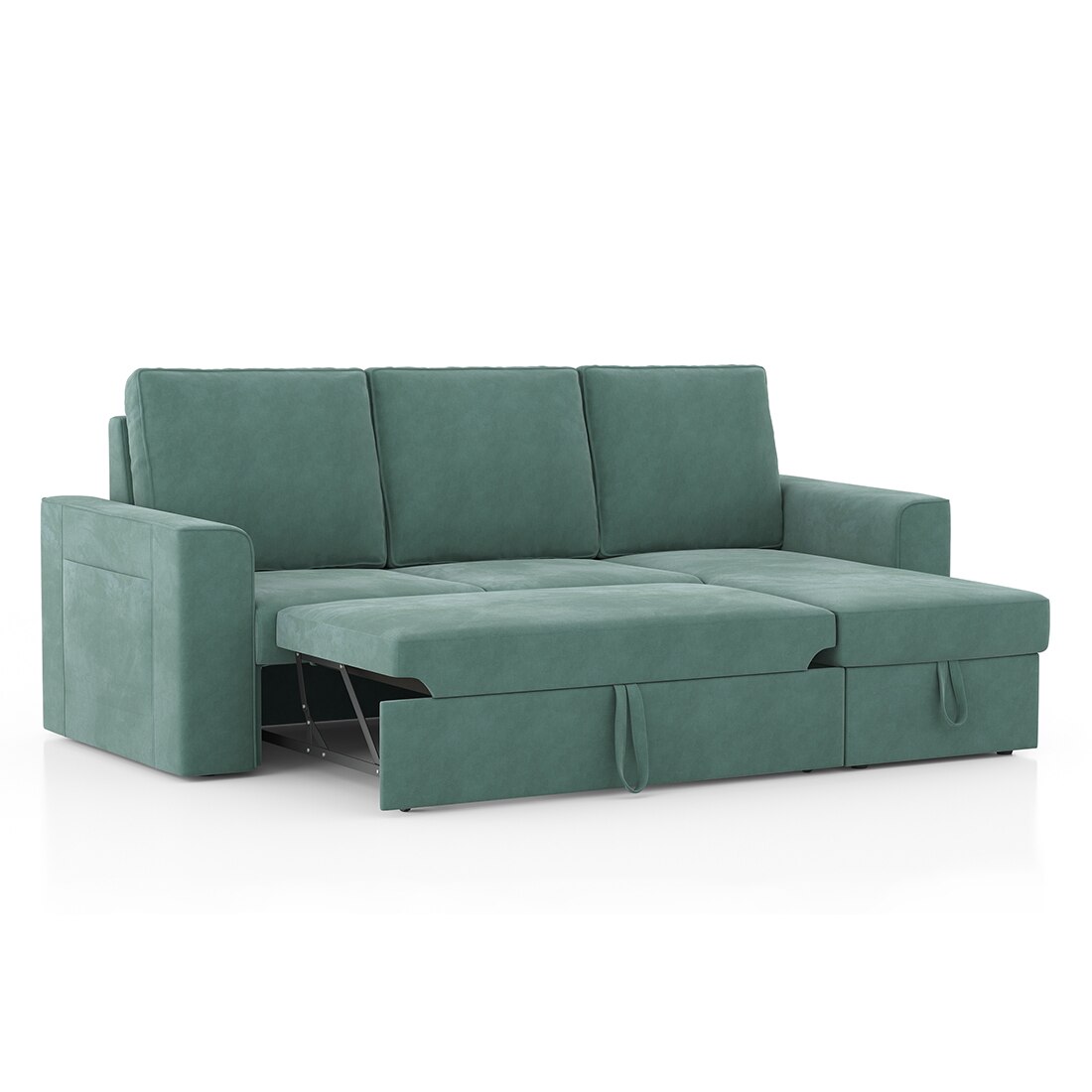 Kowloon Sectional Sofa Cum Bed with Storage in Dusty Turquiose Velvet