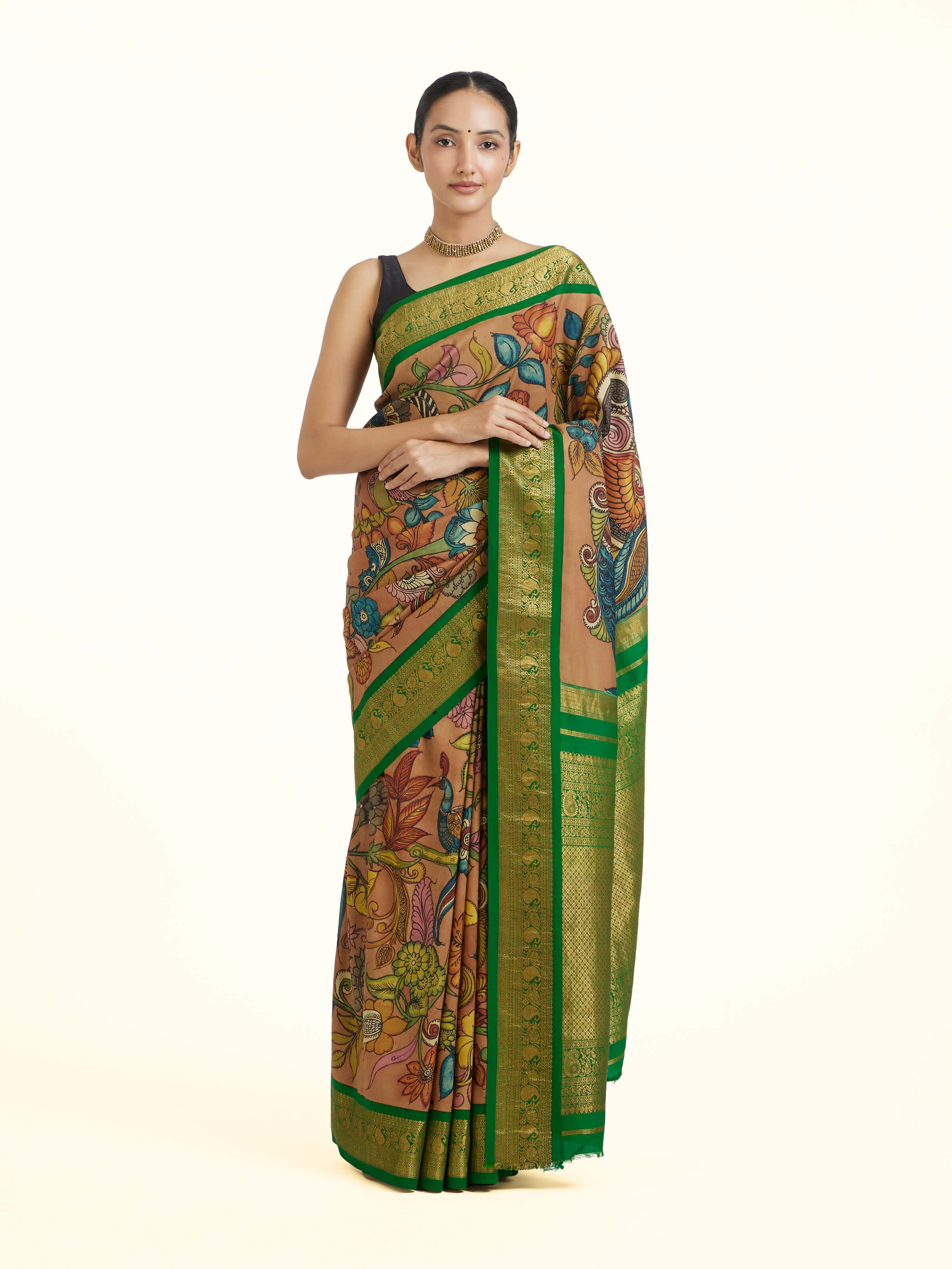 Silk Kalamkari Painted Kanchipuram Saree