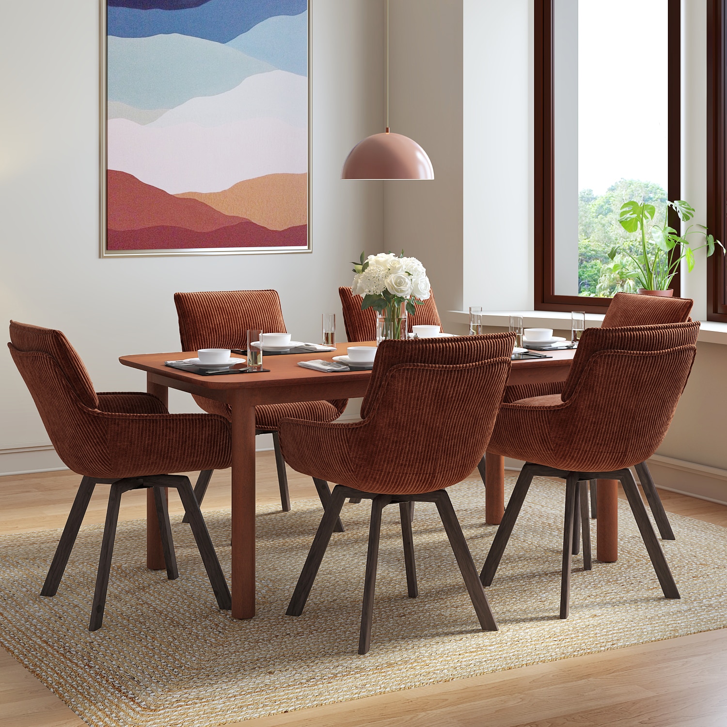 Dane Solid Wood Dining Table 6 Seater with 6 Bren Swivel Dining Chairs (Colour: Auburn) - Urban Ladder
