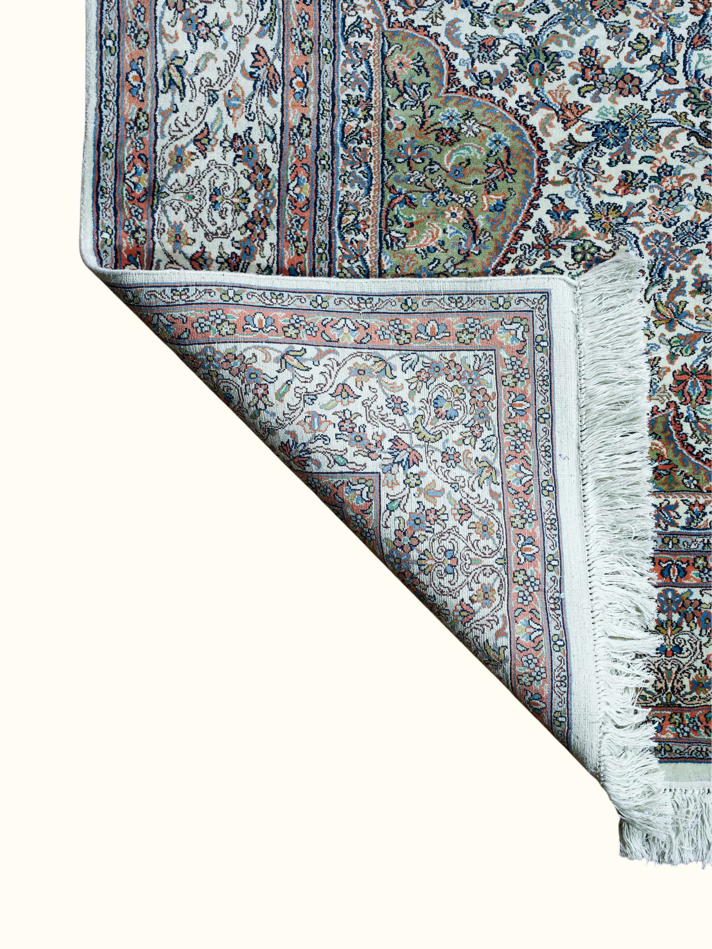 Traditional Persian Ivory Green Kerman Kashmir Silk Hand-Knotted Carpet