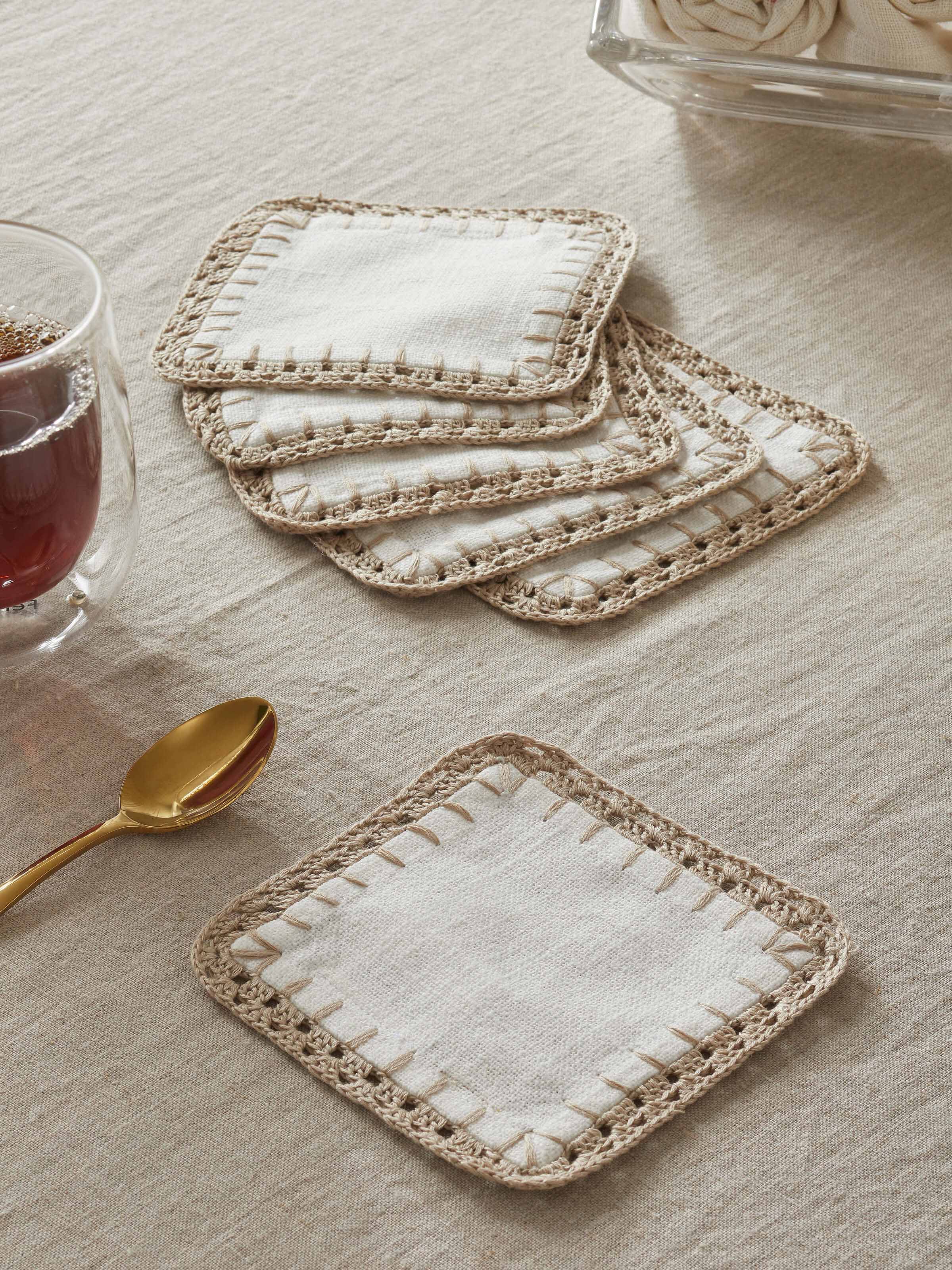 Nityam Ivory Cotton Slub Crochet Coaster (6 Pcs)