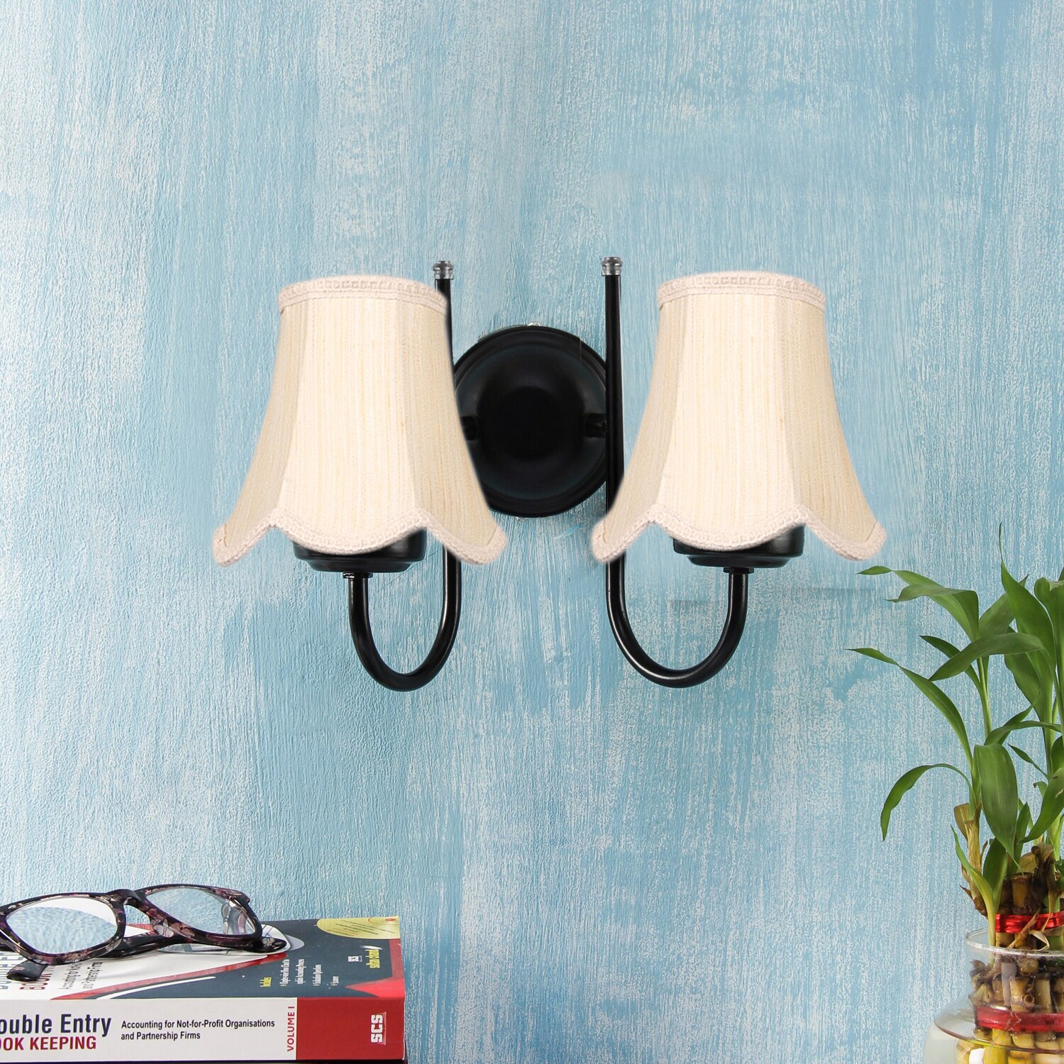 Devansh Dual Black Metal  Wallmounted Lamp With Cotton Off-White Shade