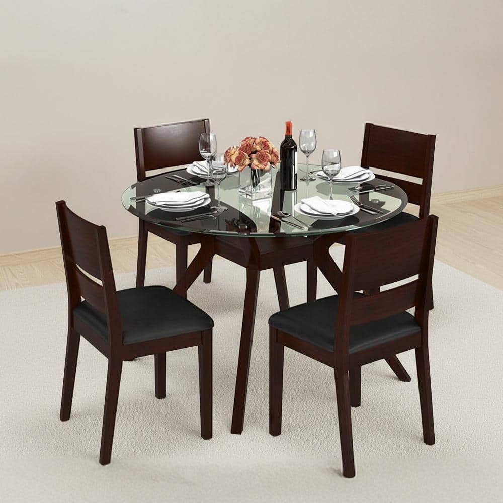 Wesley - Cabalo (Leatherette) 4 Seater Round Glass Top Dining Table Set (Colour- Black, Finish- Dark Walnut)