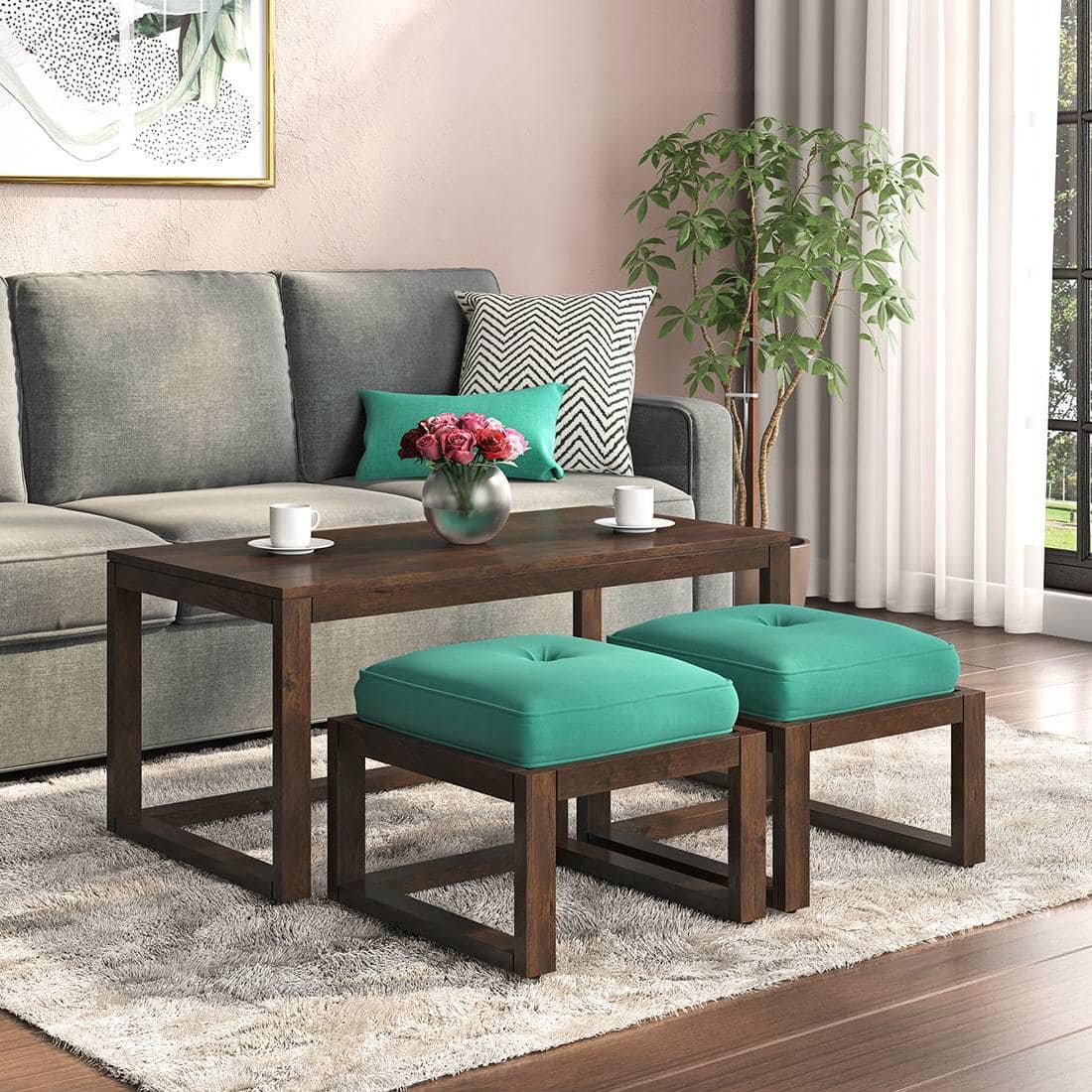 Avril Rectangular Solid Wood Coffee Table In Mango Walnut Finish and in Lagoon Green Colour