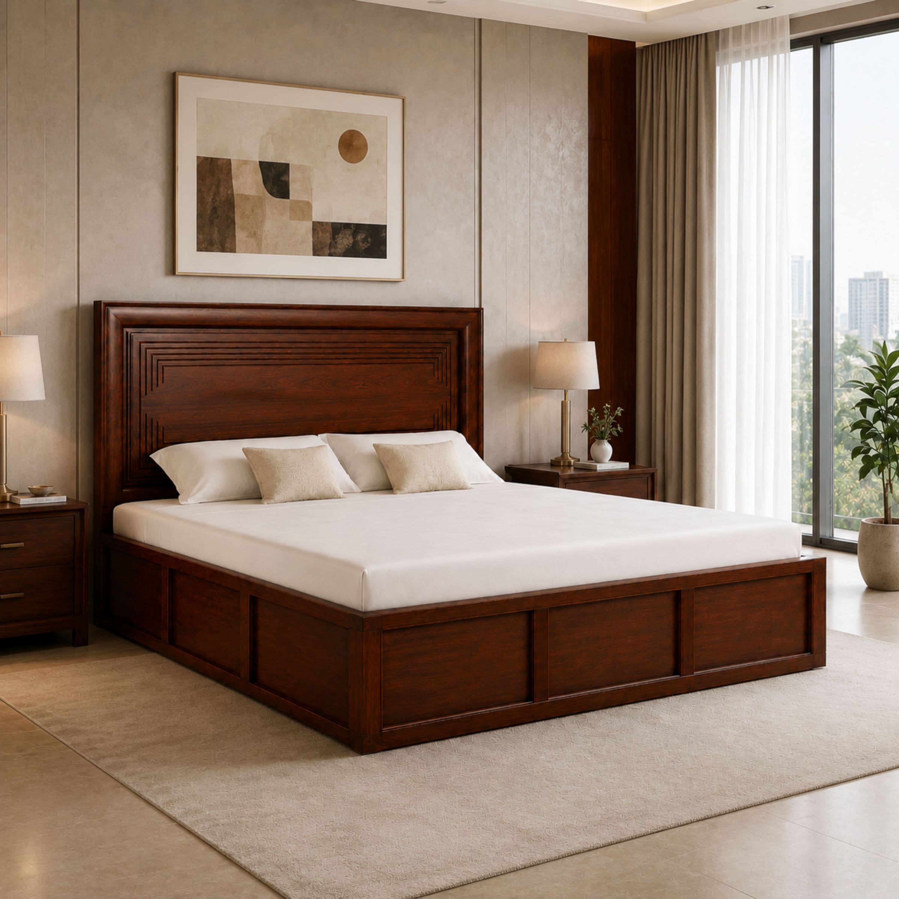 Sahaj Solid Wood Compact King Bed Box Storage Provincial Teak Finish Mattress 72 x 72 Inches - Globally Indian